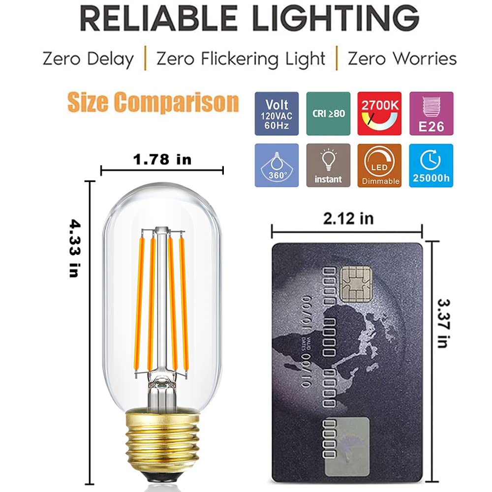 Leools Dimmable E26 LED Bulb 8W Vintage Edison Clear Glass 2700K Warm White 800LM, 6-Pack for Ceiling Fans & Chandeliers