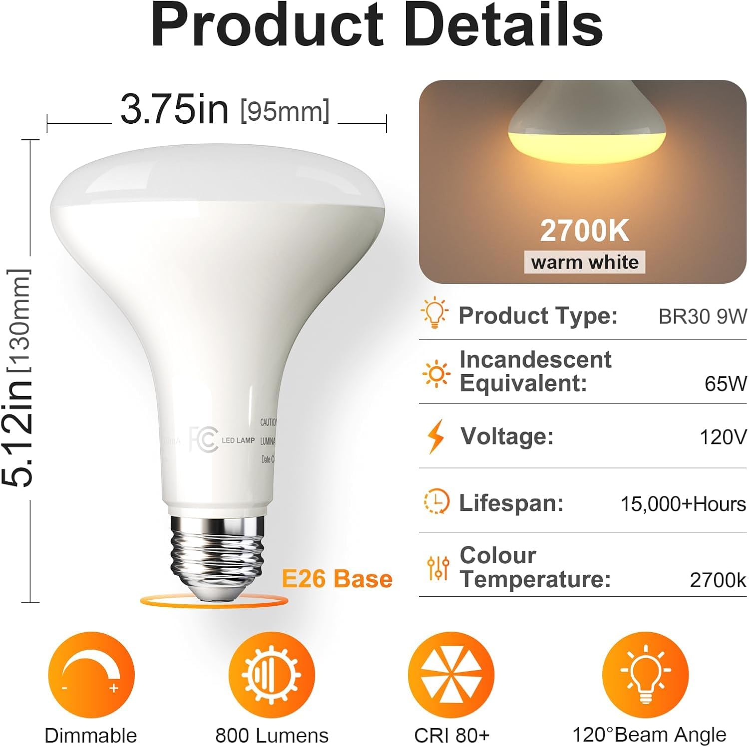 Tjoy 6 Pack Br30 Led Bulb 65W Equivalent, Dimmable Led Flood Light Indoor, E26 Base, 2700K Warm White, 9W, 800 Lm, Recessed Ligh