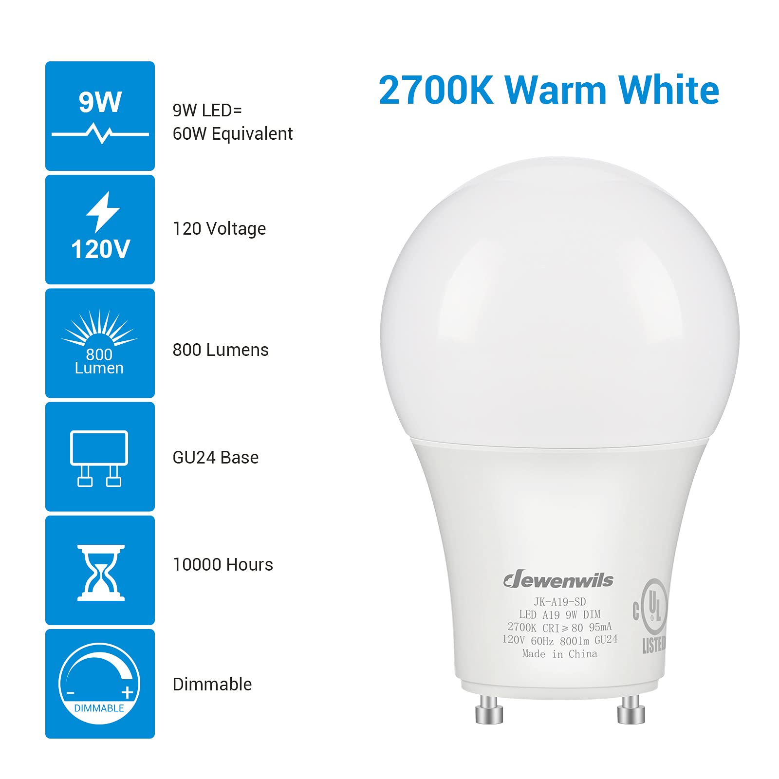 DEWENWILS GU24 LED Light Bulb, 60W Equivalent, Dimmable, 9W 800 Lumens, 2700K Warm White, 4 Pack, Plastic