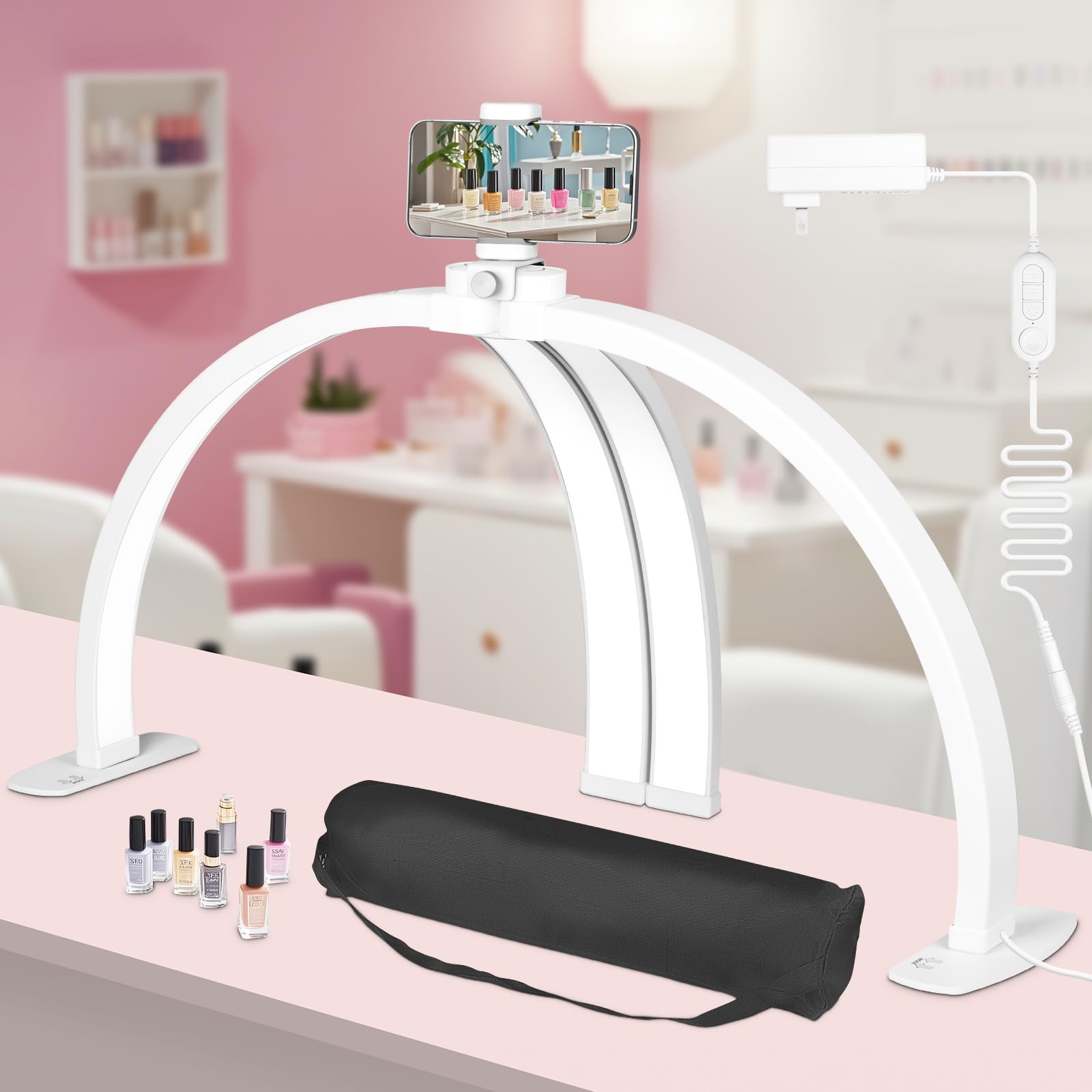 KIRKAS Half Moon Light for Nail Desk with Phone Stand, 29in Foldable Arch Light for Nail Tech, 3 Color Modes & 10 Brightness Nai