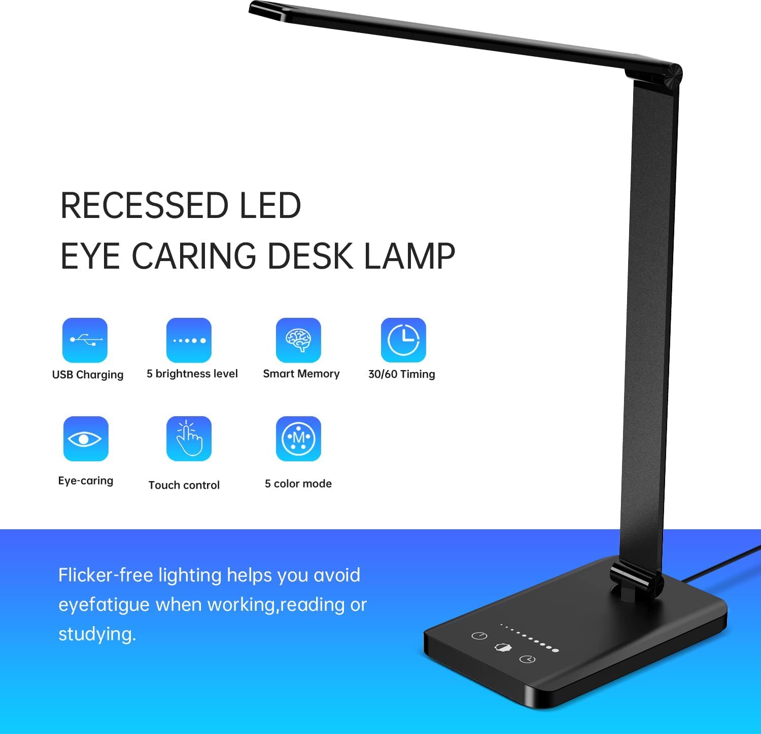Ambertronix LED Desk Lamp with USB Charging Port, Dimmable, Touch Control, 5 Brightness Levels, Black, Model AT-286-B