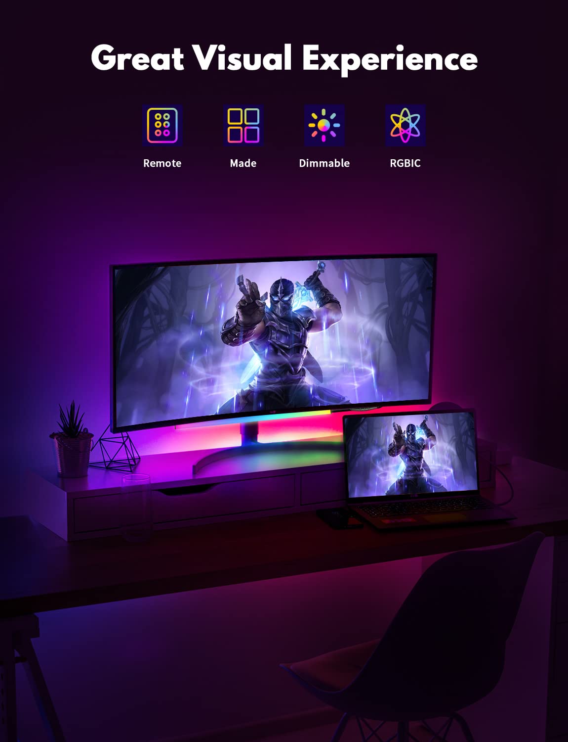 JUSJUBR Under Monitor RGB Light Bar, LED Desk Light, 12 Inch, Aluminum, Black, USB Powered, 353 Color Modes, Wireless Remote