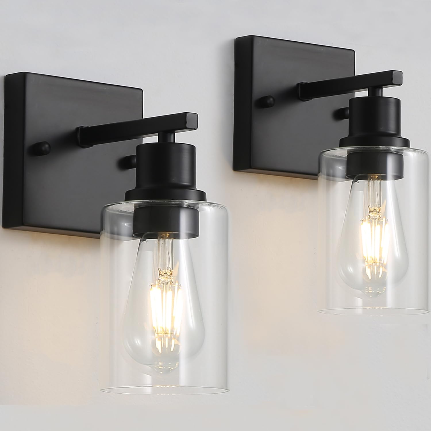 Jodauirt Hallway Wall Sconces Set Of 2,Farmhouse Modern Wall Lights Bathroom Matte Black Vanity Lights Fixtures With Glass Shade