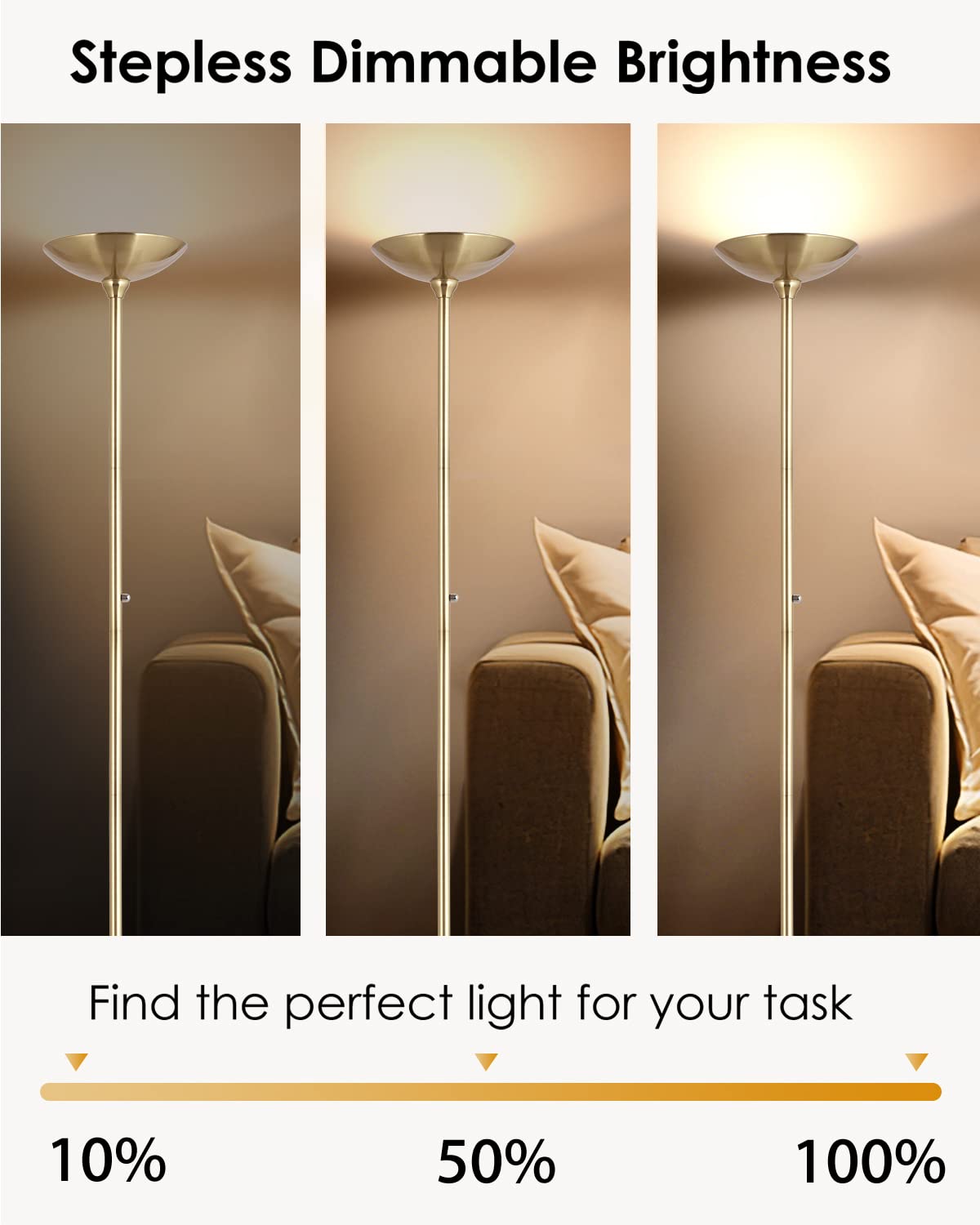 Boostarea Torchiere Floor Lamp Gold, 30W Super Bright Led Standing Lamp, 3000K Stepless Dimmable Pole Lamp With Rotary Switch, 7