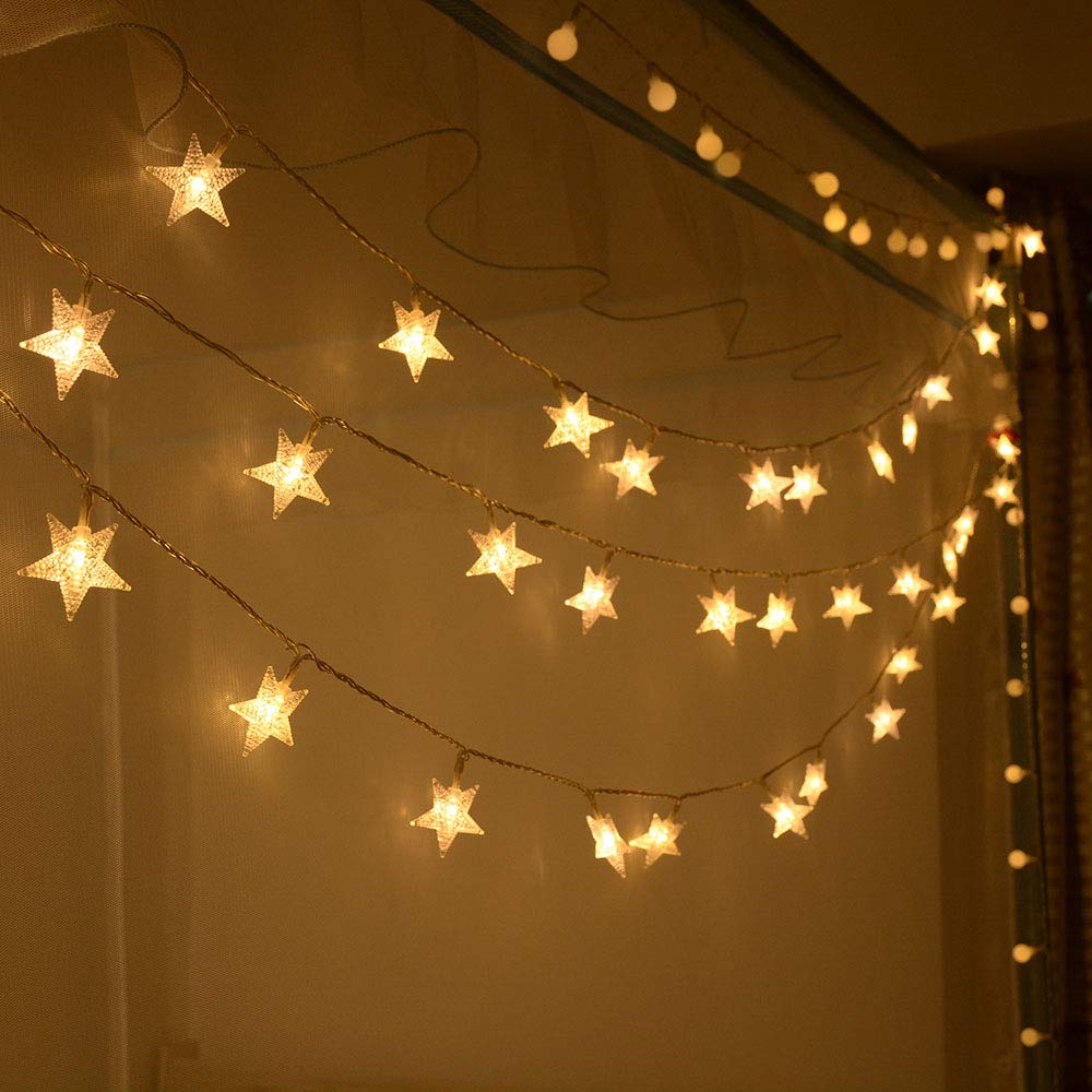 Homeleo Star Fairy Lights, 50 LED Warm White String Lights, Battery Powered, Remote Control, Model HLD361, Copper Material