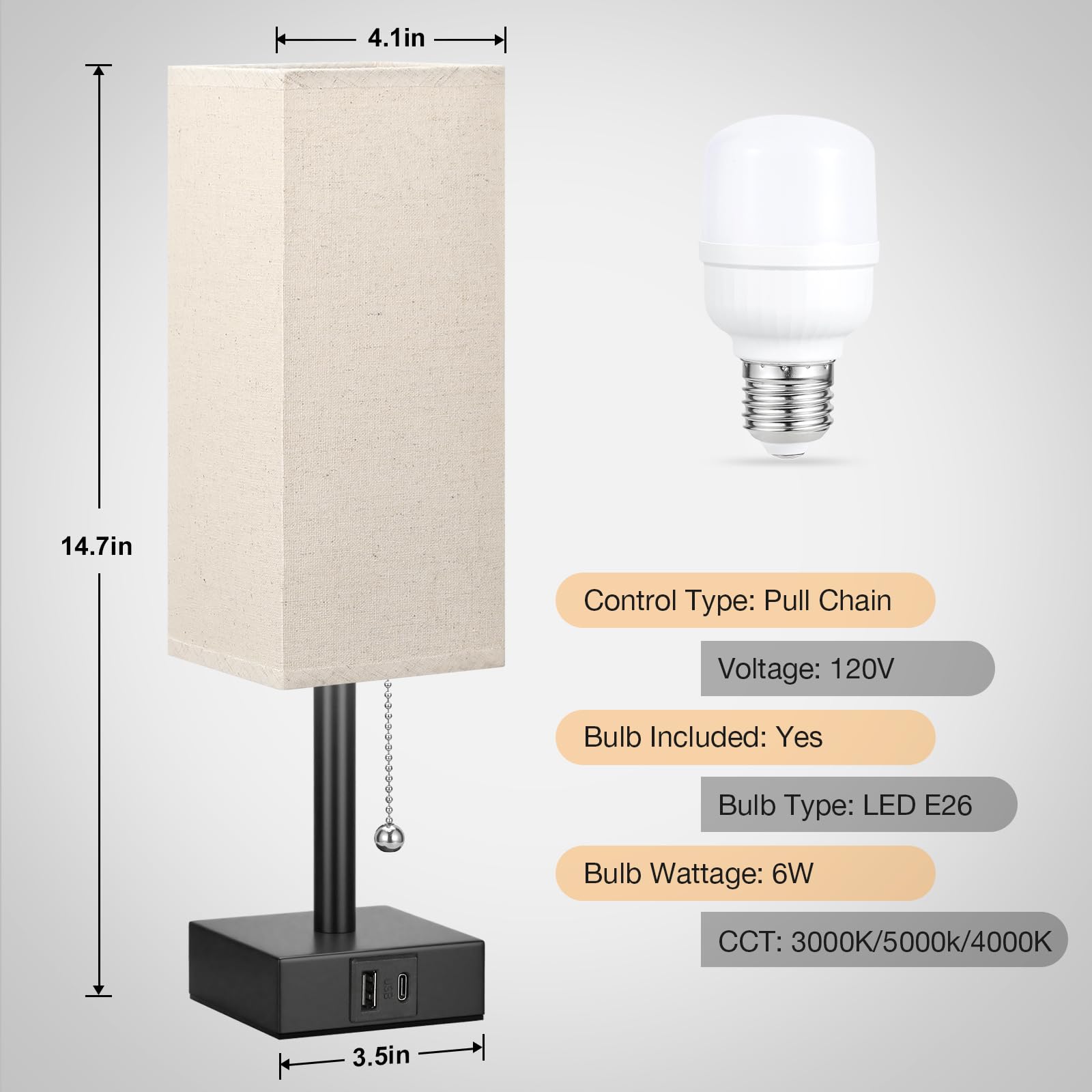 Small Linen Bedroom Lamp - 3 Color Temperature 3000K 5000K 4000K Bedside Lamp, Pull Chain Control, Usb A And C Charging Ports, Black Base, For Kids Office Dorm, Bulb Included