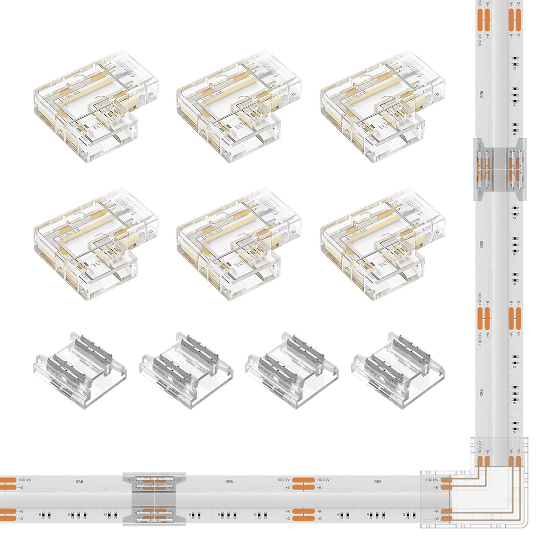 BTF-LIGHTING COB 10mm/0.39in Width LED Connector Kit 6Pcs 4 Pin Transparent Gapless L-Shaped 4Pcs 4Pin Strip to Strip Connectors
