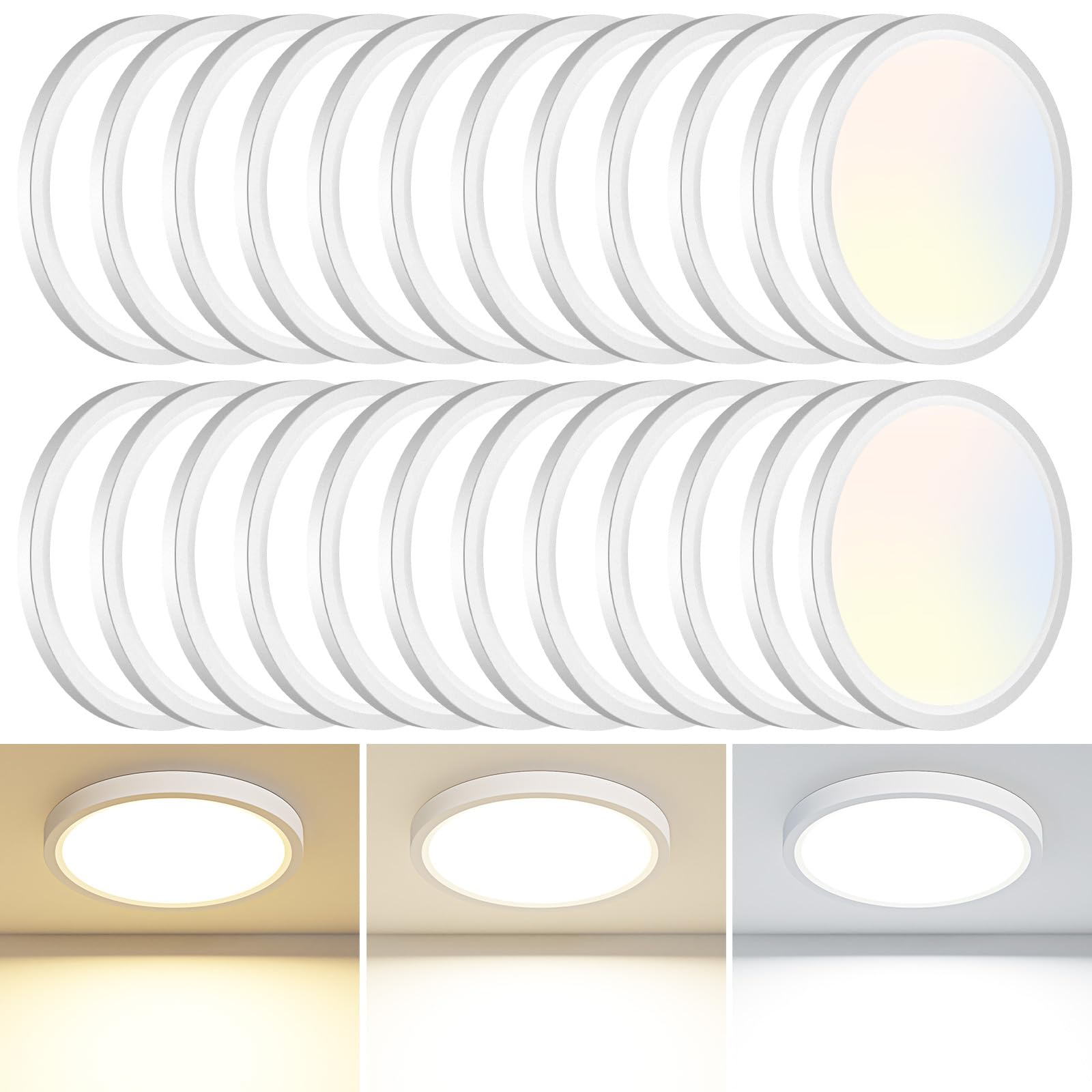 24Pack Led Flush Mount Ceiling Light Fixture, 3000K-4000K-6500K & 100W Equivalent Modern Kitchen Recessed Ceiling Lamp 15W 1500L