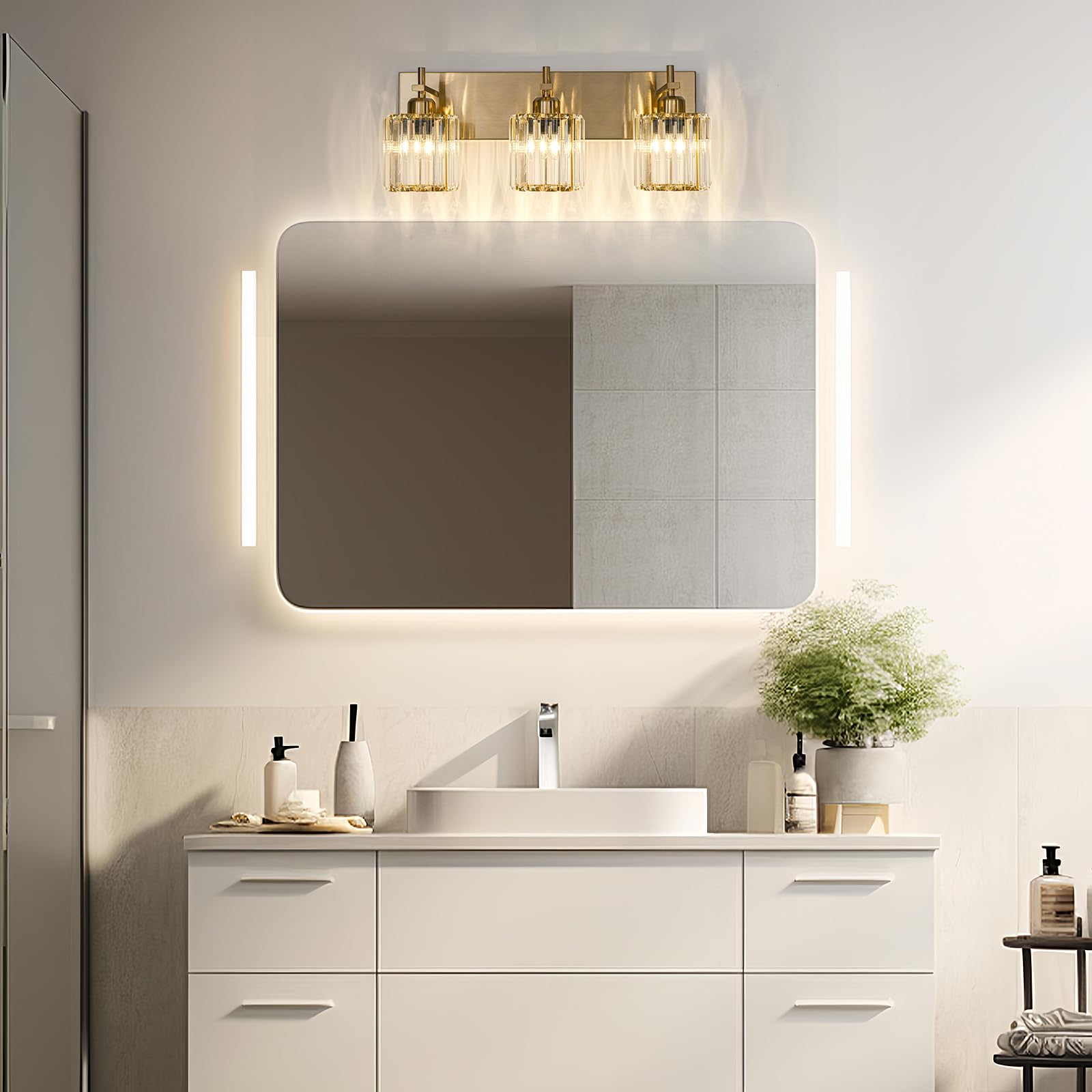 HUOKU Bathroom Vanity Lights, 3-Light Crystal Wall Lighting, Gold Finish, Metal and Crystal, Over Mirror Fixture