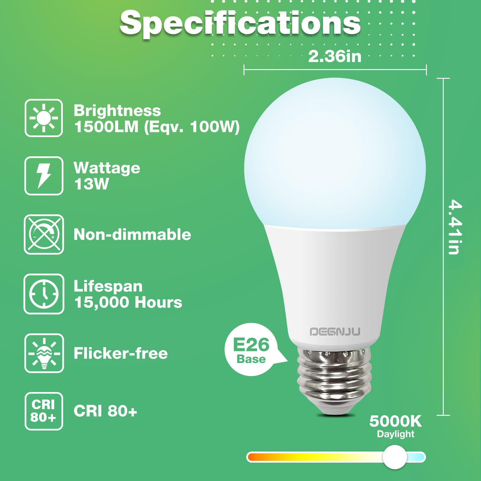 Degnju Light Bulbs, A19 100 Watt Equivalent, 1500 Lumens, 5000K Daylight Led Bulbs, E26 Standard Base, Non-Dimmable, 13W Bright