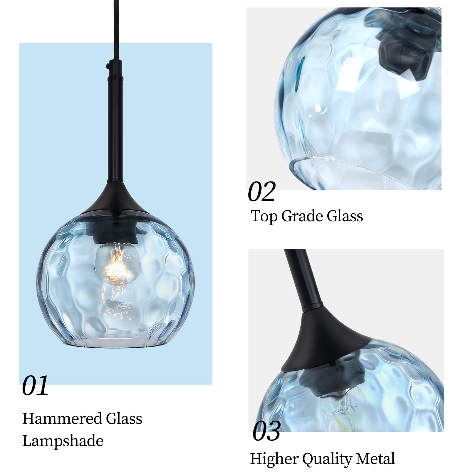 JHLBYL Blue Glass Pendant Light, Modern Hanging Fixture, 1-Light, Metal, EL-HGPL-BL-01
