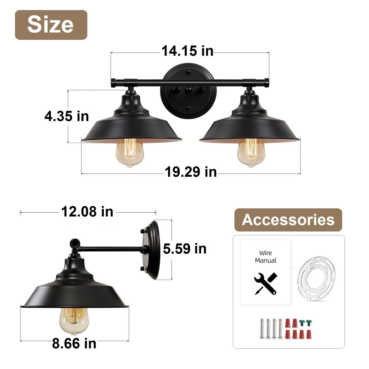 Adcssynd Black Farmhouse Bathroom Vanity Light Fixtures - 2-Lights Metal Over Mirror