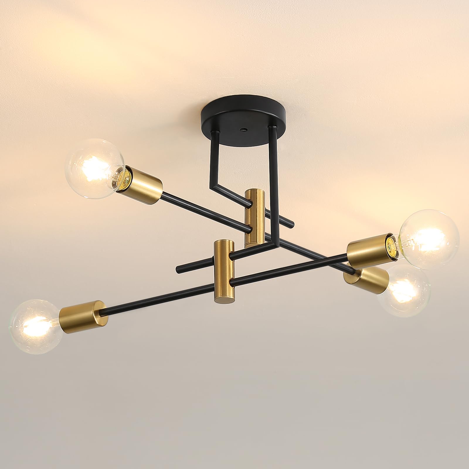 Delipop Sputnik Light Fixture, 4 Light Black And Gold Modern Sputnik Chandelier Ceiling Light, E26 Industrial Metal Semi Flush M