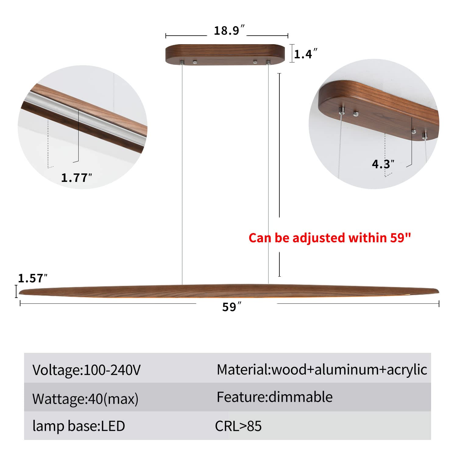 Yisdesign Walnut Wood Linear Pendant Light Fixture, 59In Dimmable Chandelier For Dining Room
