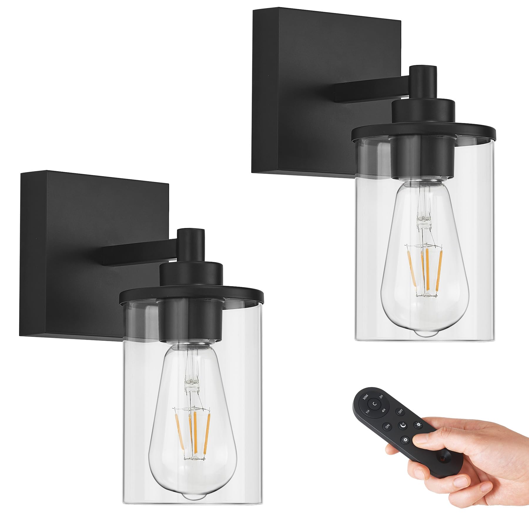 Battery Operated Wall Sconce Set of 2 with Remote Control, Black Rechargeable Wireless Wall Decor Light with Glass Shade, Cordle