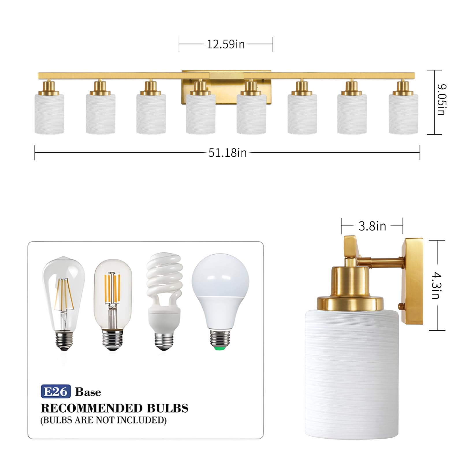 Dikaida 52Inch Gold Bathroom Light Fixtures, Modern Bathroom Vanity Light With Milky White Glass Shade, Gold Bathroom Wall Lamp