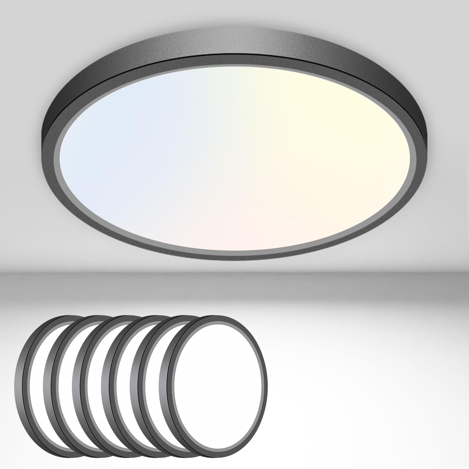 6PACK Flush Mount LED Ceiling Light Fixture Black, 6.5Inch 12Watt, Dimmable & 3000K-4000K-6500K 3 Color Selectable Ceiling Lamp 