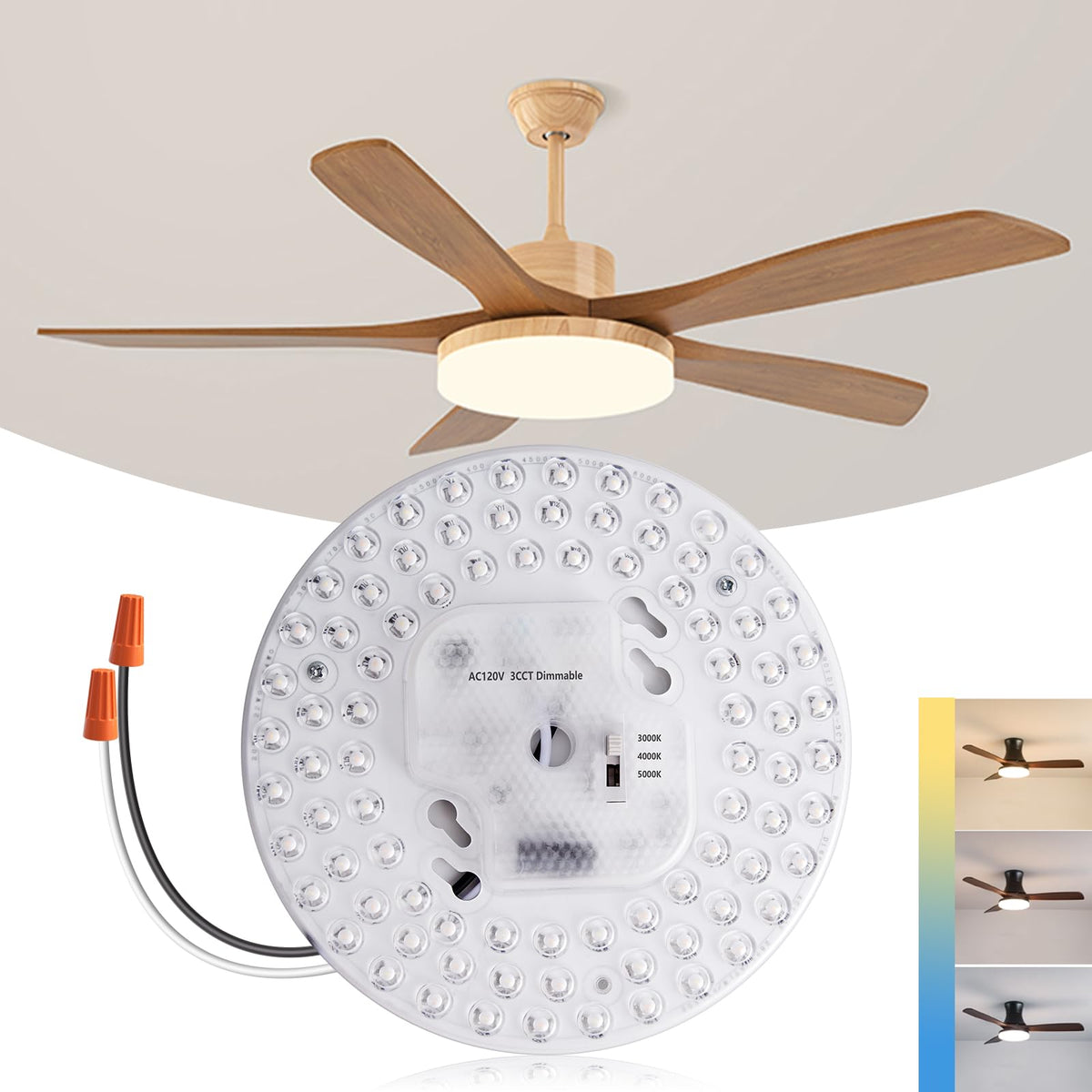TobeBright 36W Ceiling Fan Light kit 6.69 inch 3200Lm, 3CCT 3000K/4000K/5000K Dimmable Ceiling Fan LED Light Replacement, Led En