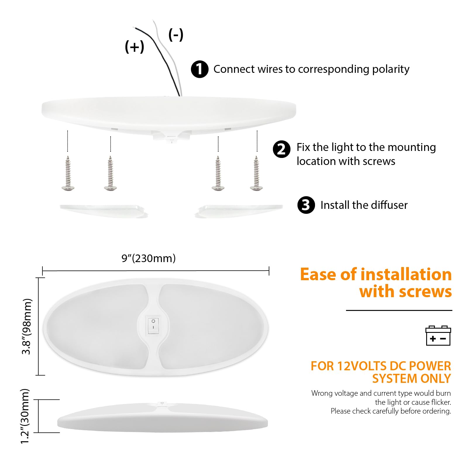 Dream Lighting 12V LED Porch Ceiling Light, 9" Cool White, Polycarbonate, Model 9345083004431, with ON/Off Switch