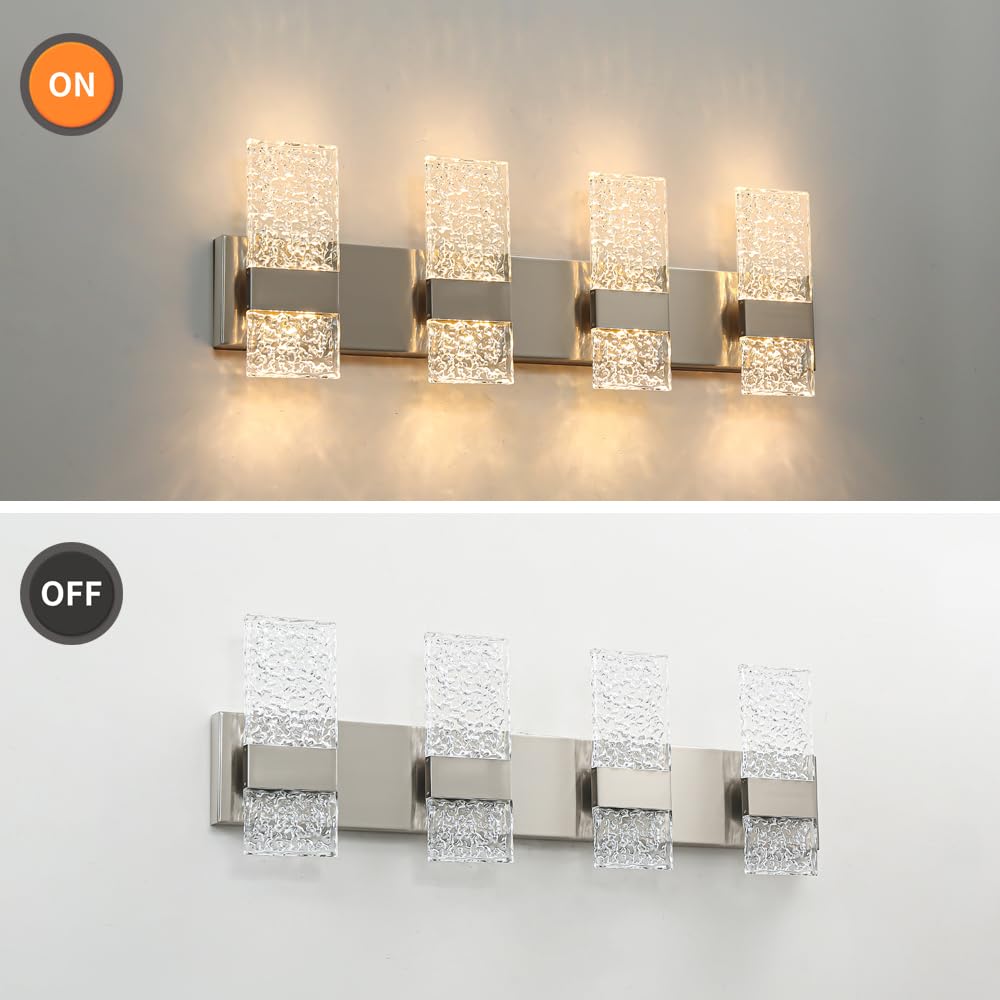 Modern Brushed Nickel 8-Lights Bathroom Vanity Light  Eleglant Nickel Led Bathroom Light Fixtures Over Mirror  Dimmable Acrylic Shade Wall Lighting Fixtures  Hardwired Wall Light(H9.25In  L28.35In)