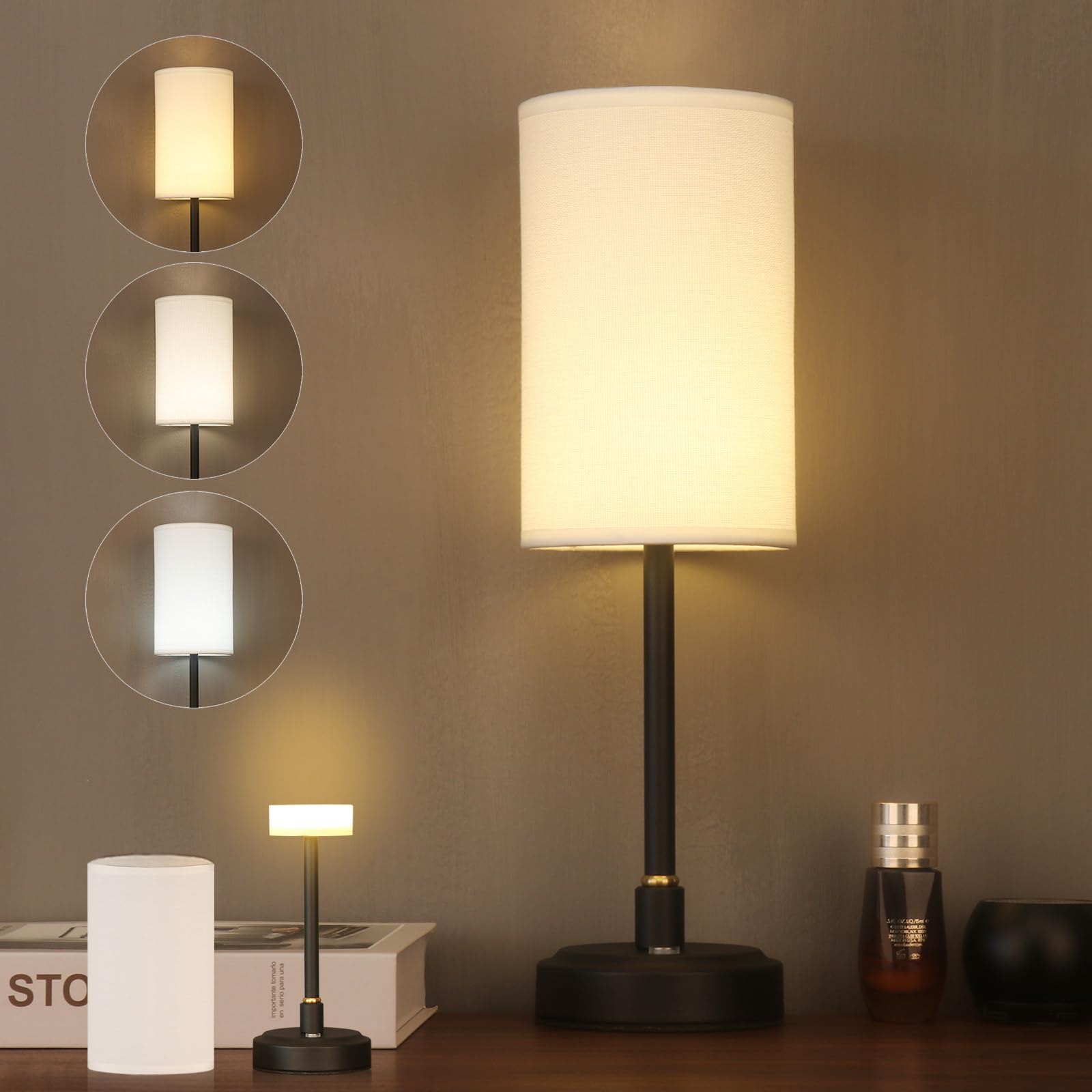 Psdsshiis Small Cordless Touch Lamps For Nightstand Lamp Battery Operated Rechargeable Lamp, Portable 3 Colors Stepless Dimmable Fabric Shade Night Light For Restaurant/Bedroom/Outdoor (White+Black)