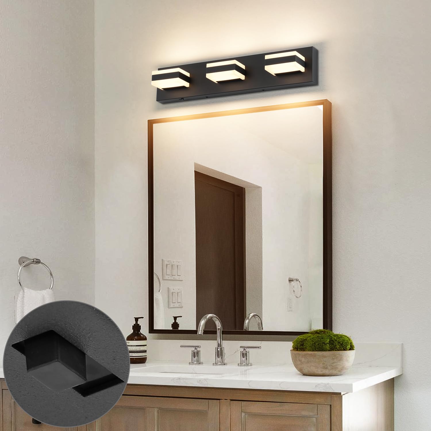 SOLFART LED Bathroom Vanity Light Fixture, 3 Lights, Adjustable Color Temperature, Matt Black, 21.7 inch, Model S8568-3T-6000K-5CCT