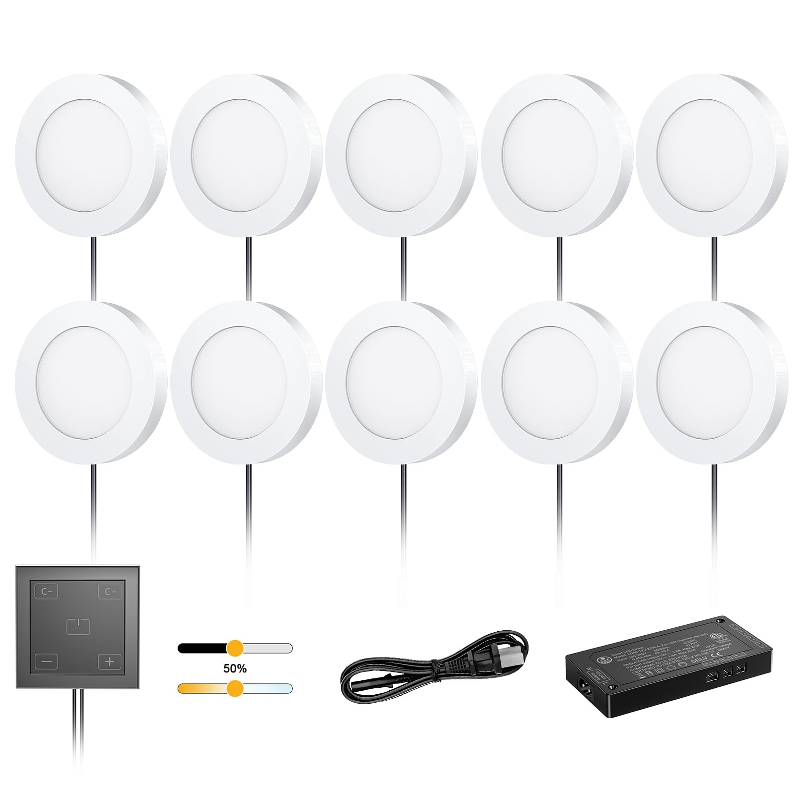 VST Under Cabinet Lights CCT 3000K-6000K, Puck Lights Color Temperature and Brightness Adjustable with Touch Switch and ETL List