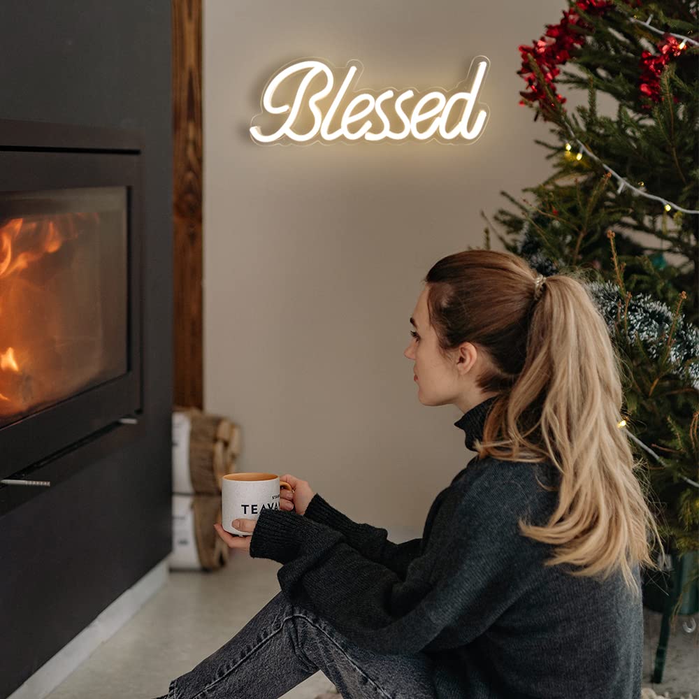 Divatla Blessed Neon Sign - Led Wall Decor, Dimmable, Usb Powered, 17X7, Warm White, Acrylic For Bedroom And Office