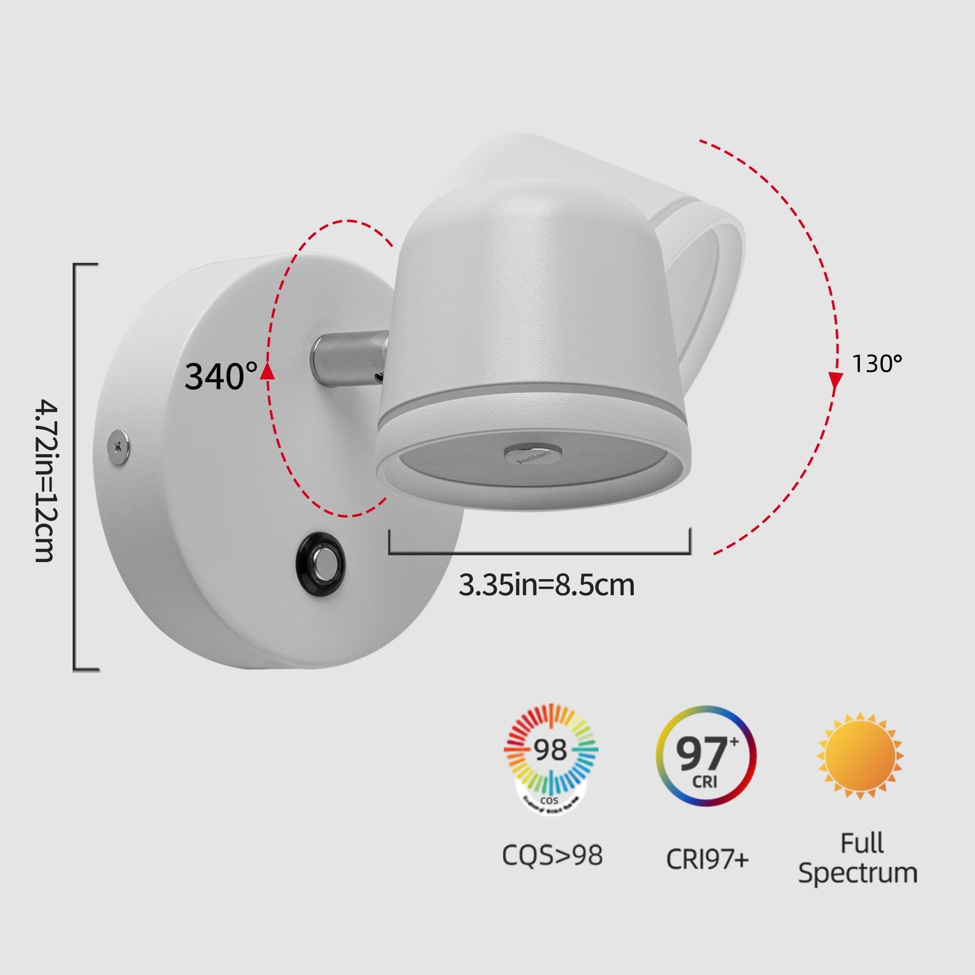 Aisilan Wall Sconces Set Of Two With Switch Dimmable 7W Sconces Wall Lighting Modern White Bedroom Wall Mounted Light Adjustable