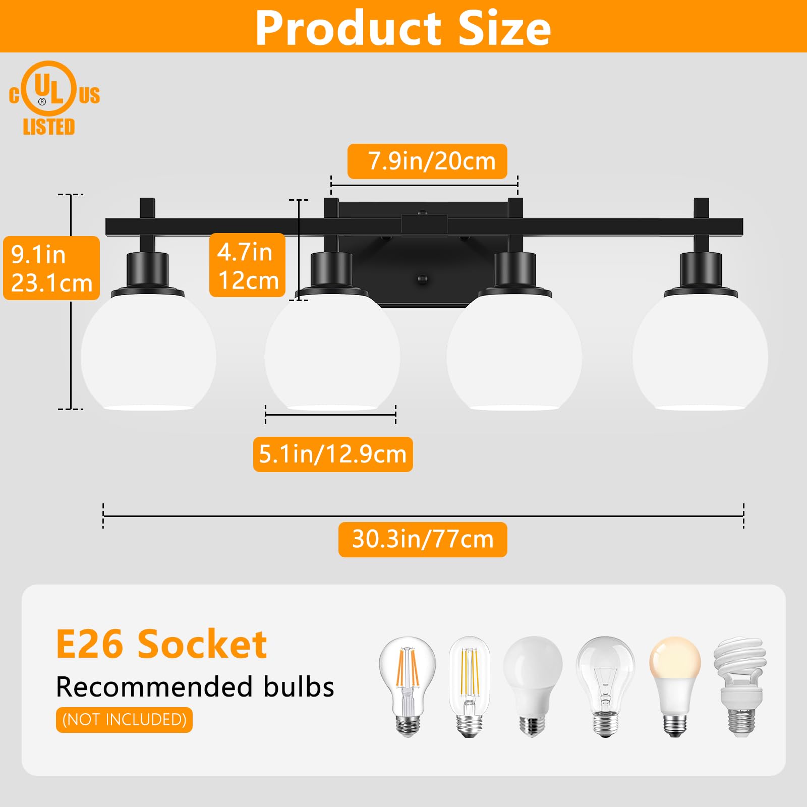 Dpyrrhic 4-Light Modern Vanity Light Fixture, Black Metal Bathroom Lighting with Milky White Glass Lampshade, Model JD-16