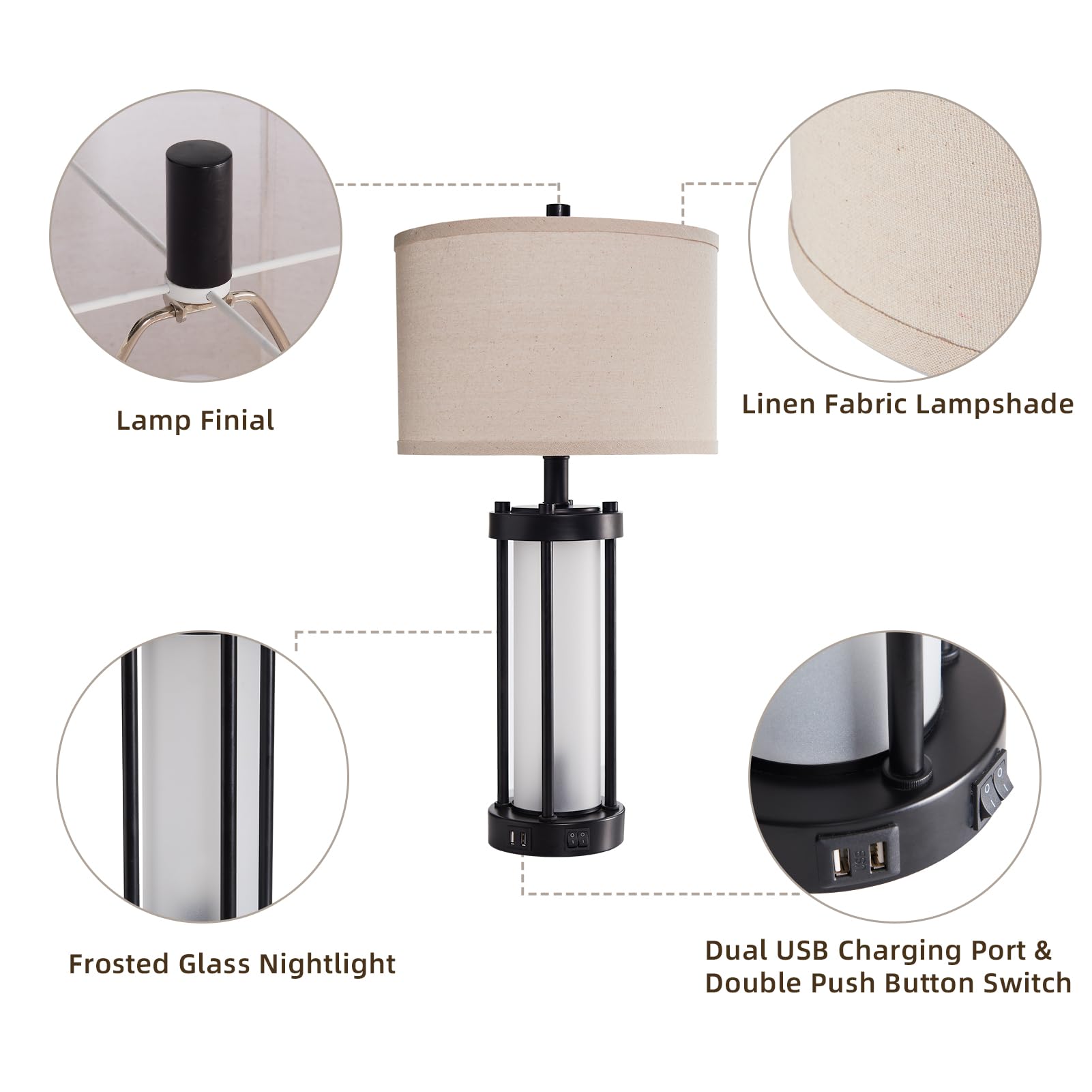 Modern Table Lamps For Living Room, Industrial Beside Lamps With 2 Usb Ports, Rustic Nightstand Lamp With White Frosted Glass Ni