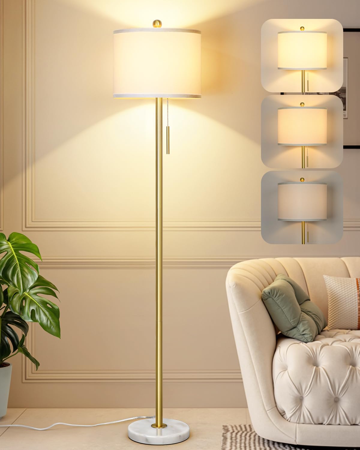 Qingmiao ?Upgraded? Dimmable Gold Floor Lamps for Living Room  63in Modern Standing Lamp with Marble Base  Tall Pole Light with White Linen Shade for Bedroom Reading Office Corner Nursery