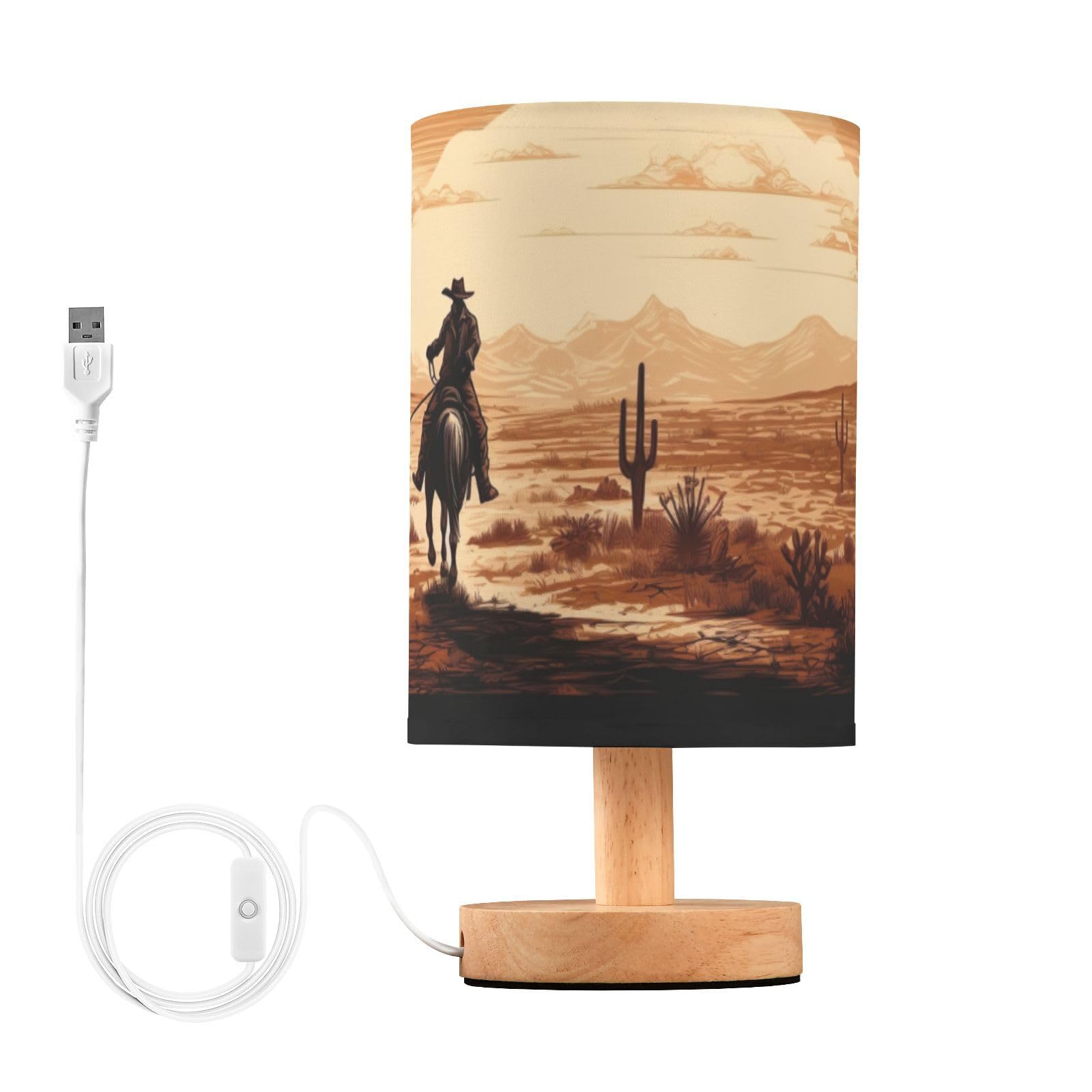 Goodold Vintage Western Cowboy Led Table Lamp - Modern Minimalist Bedside Lamp With Round Flaxen Fabric Shade For Nightstand, Pe