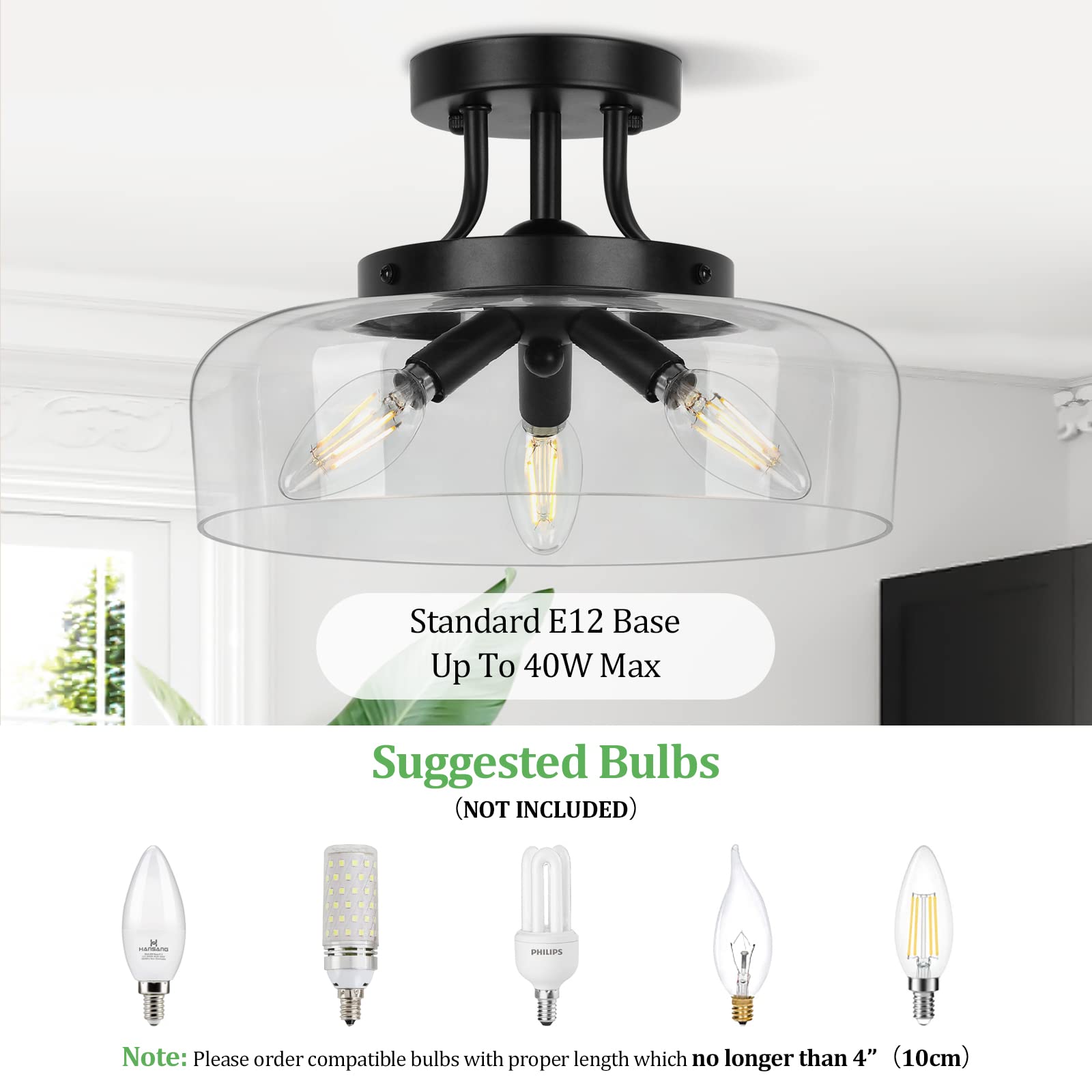 Tobusa Modern Industrial 3-Bulb Black Semi Flush Mount Ceiling Light With Glass Shade