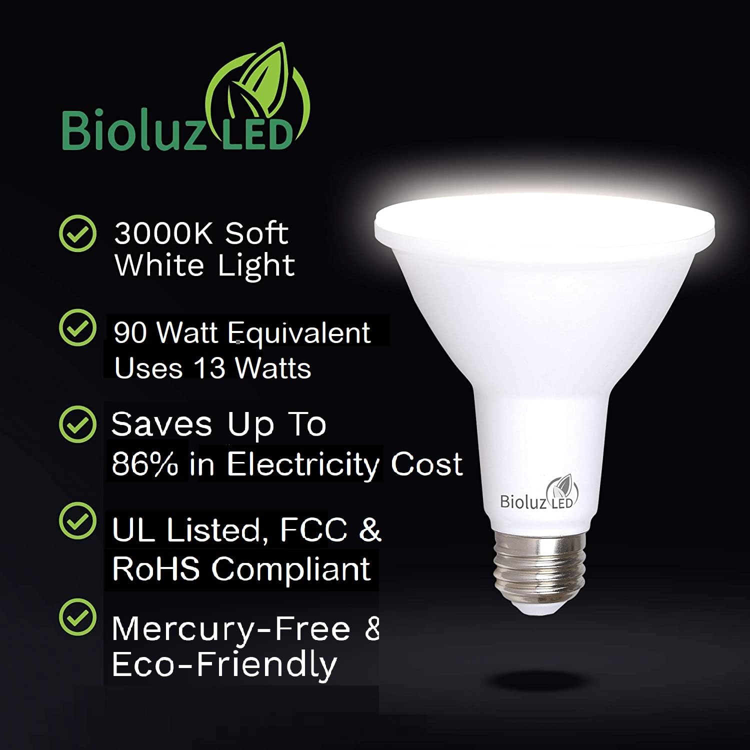 Bioluz LED PAR38 Light Bulb 90W Equivalent, 13W, 3000K Soft White, 1050 Lumens, 4 Pack, Dimmable, Indoor/