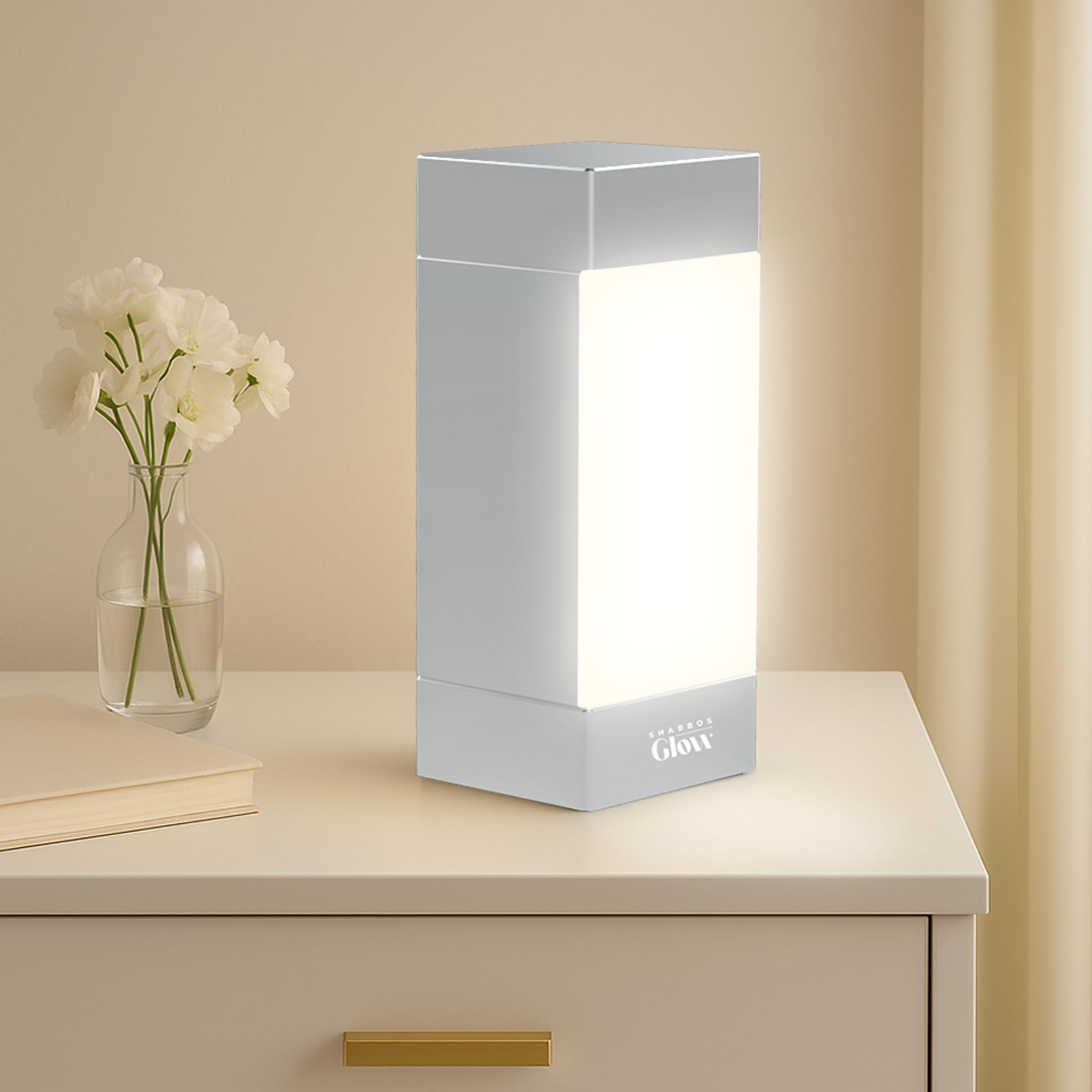 Shabbos Glow Square Shabbos Lamp - Elegant Silver | UL Approved  Kosher for Shabbos  Blackout Hood  Fireproof Plastic  15W LED Included