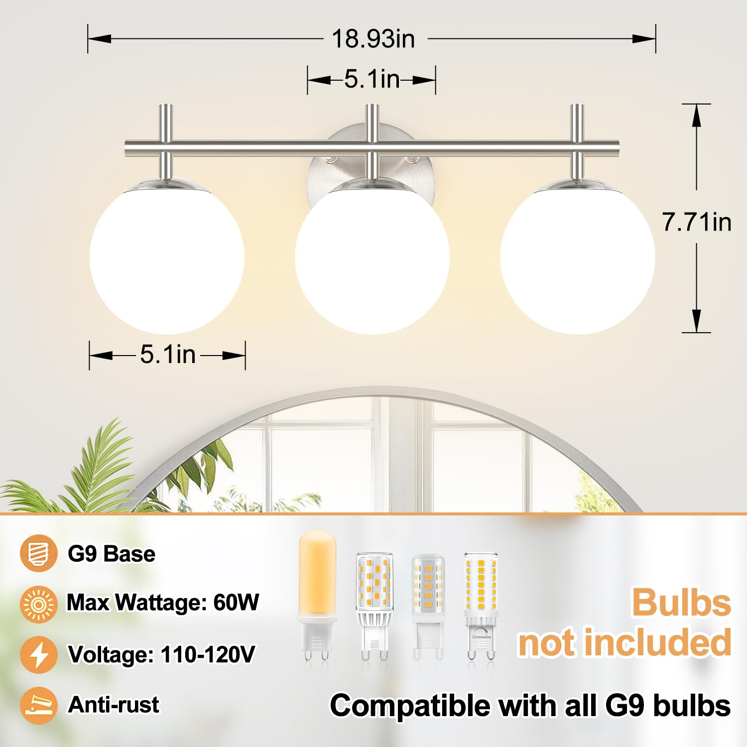 3-Light Bathroom Light Fixtures  Brushed Nickel Vanity Lights For Bathroom With Milky White Ball Shades  18.9 Inch Bathroom Lighting Fixtures Over Mirror  Wall Sconce For Bedroom (Bulb Not Included)