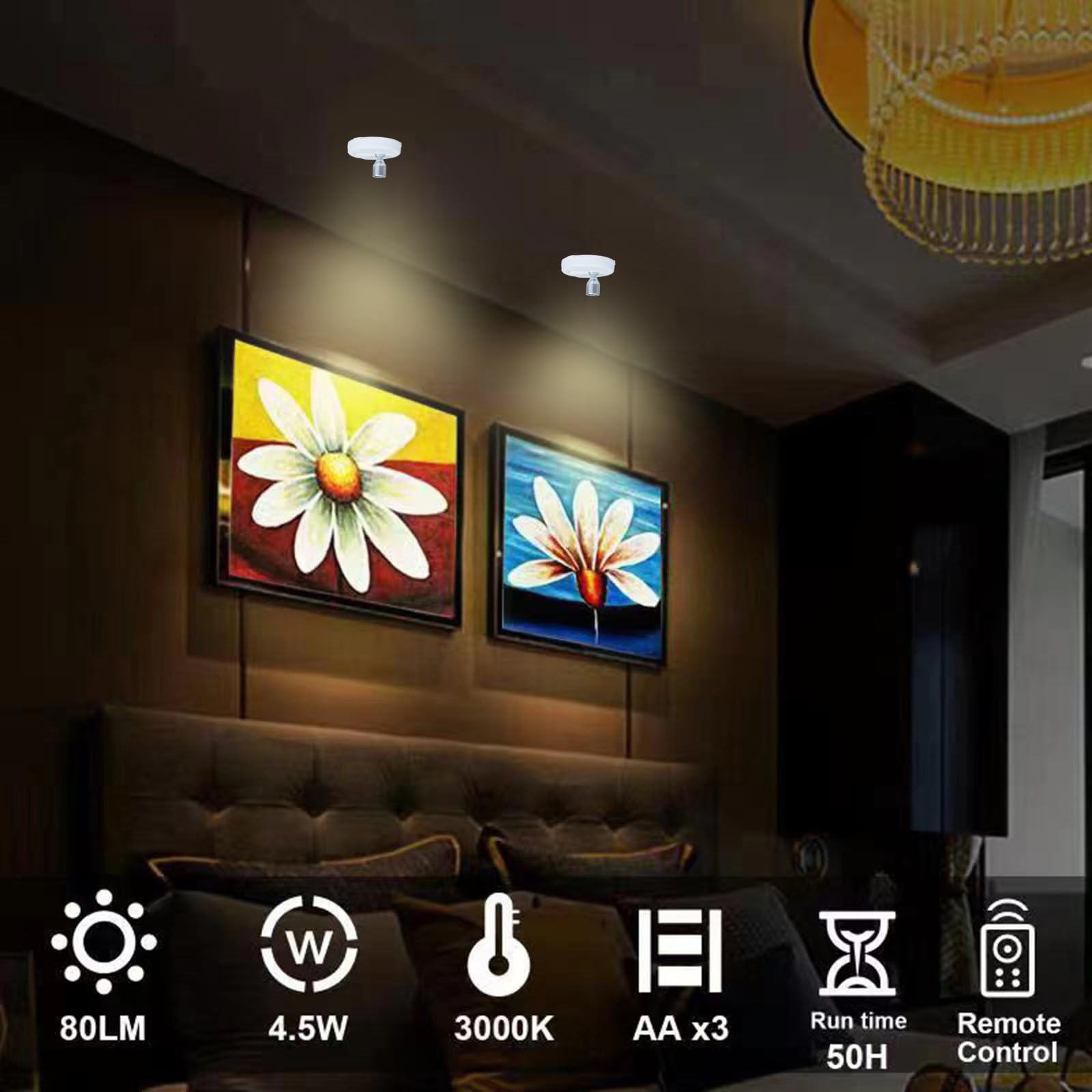 Hamvidne Wireless Led Spotlight, Battery Operated Picture Lights, Uplighting Indoor, Puck Lights With 2 Remote, Dimmable Up Ligh