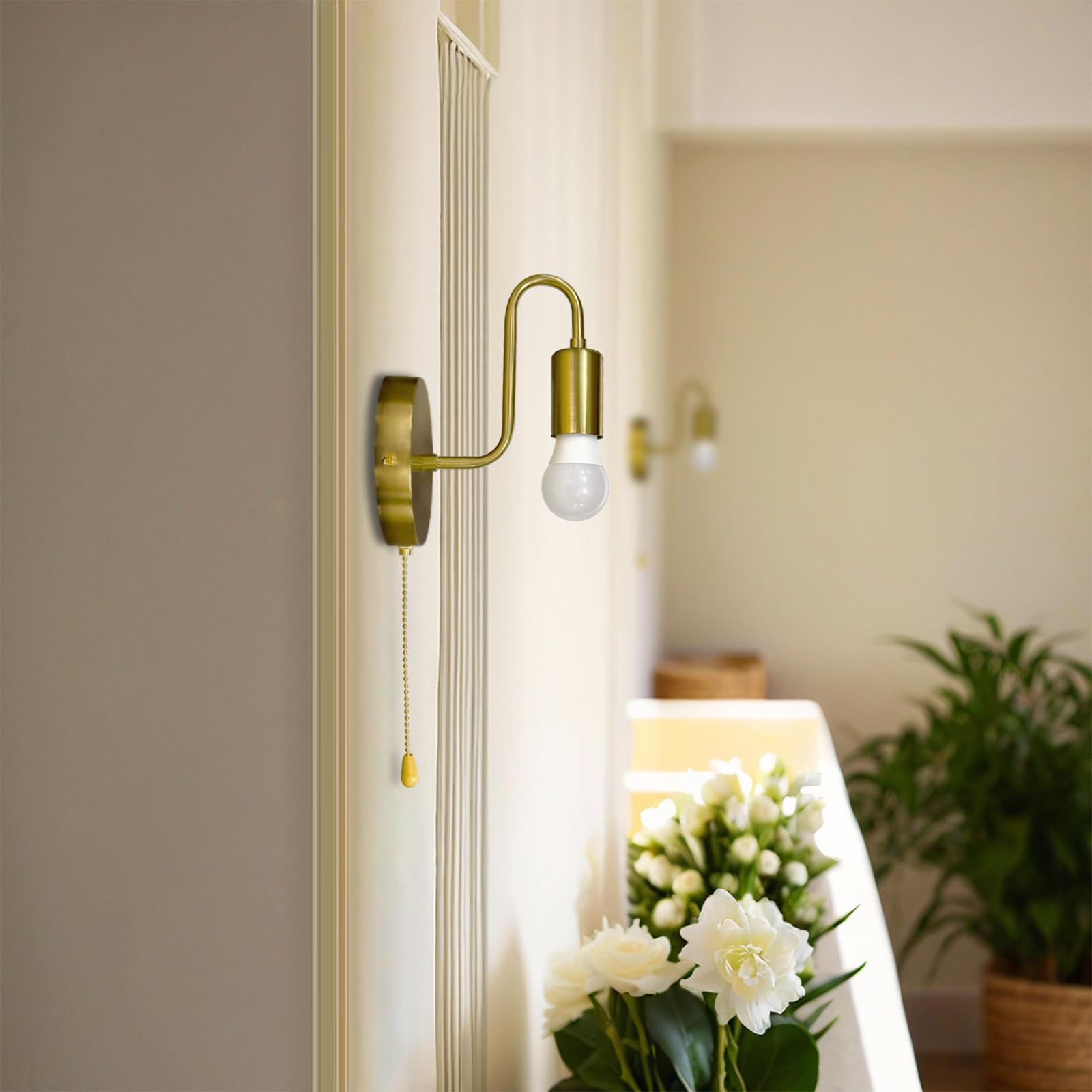 Dtiedy Hardwired Wall Sconce With Pull Chain Set Of 2 Gold Wall Lights Fixtures With On Off Switch E26 Vintage Metal Indoor Wall Lighting For Mirror Hallway Bedroom  No Bulb
