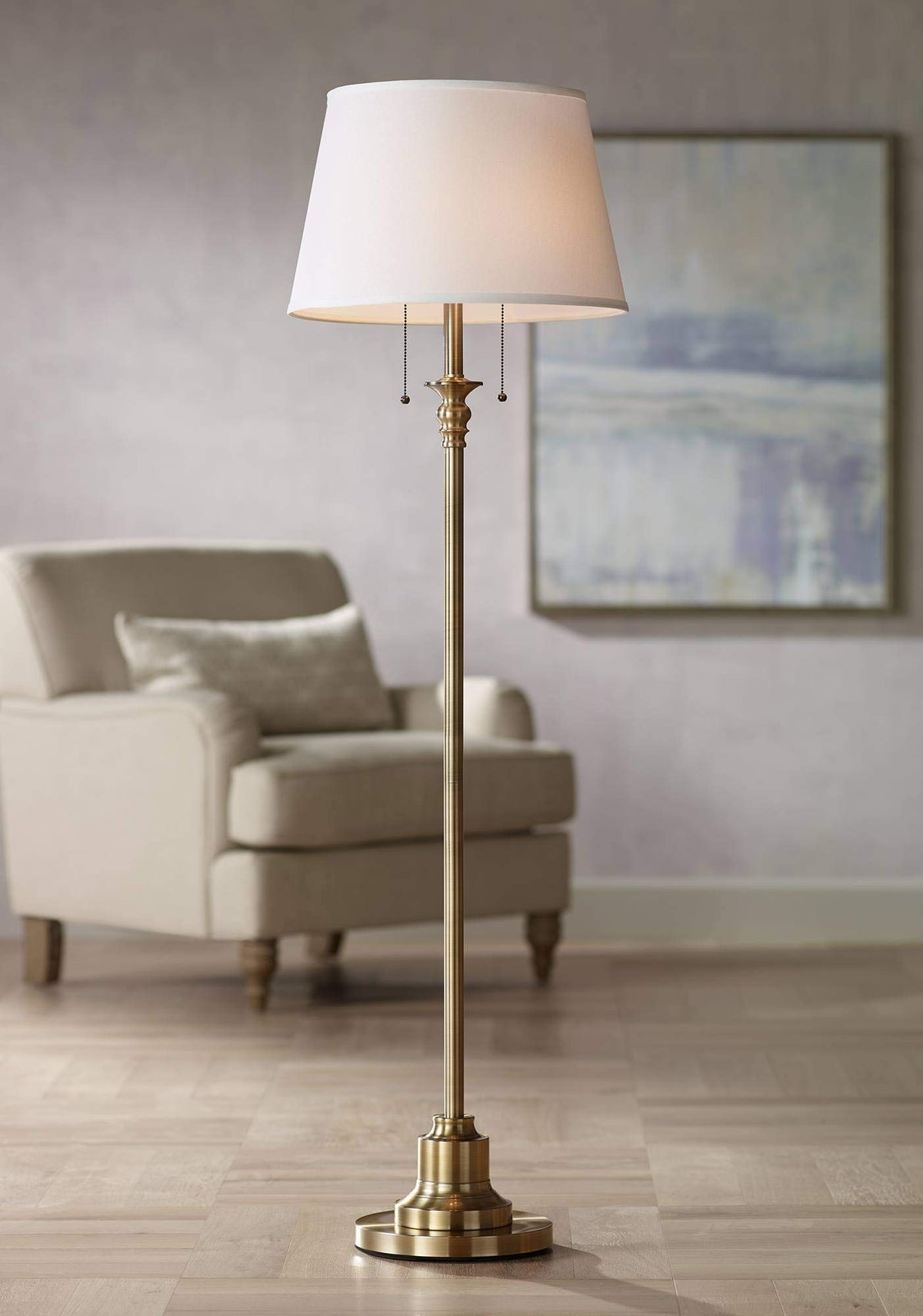 360 Lighting Spenser Traditional Floor Lamp Standing 58'' Tall Brushed Antique Brass Gold Metal Thin Column Off-White Linen Fabr