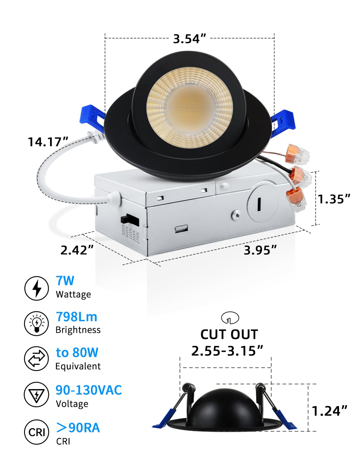 Adetu 3 Inch Adjustable Black LED Recessed Lighting, Dimmable 2700K-5000K, ETL Certified, 1 Pack
