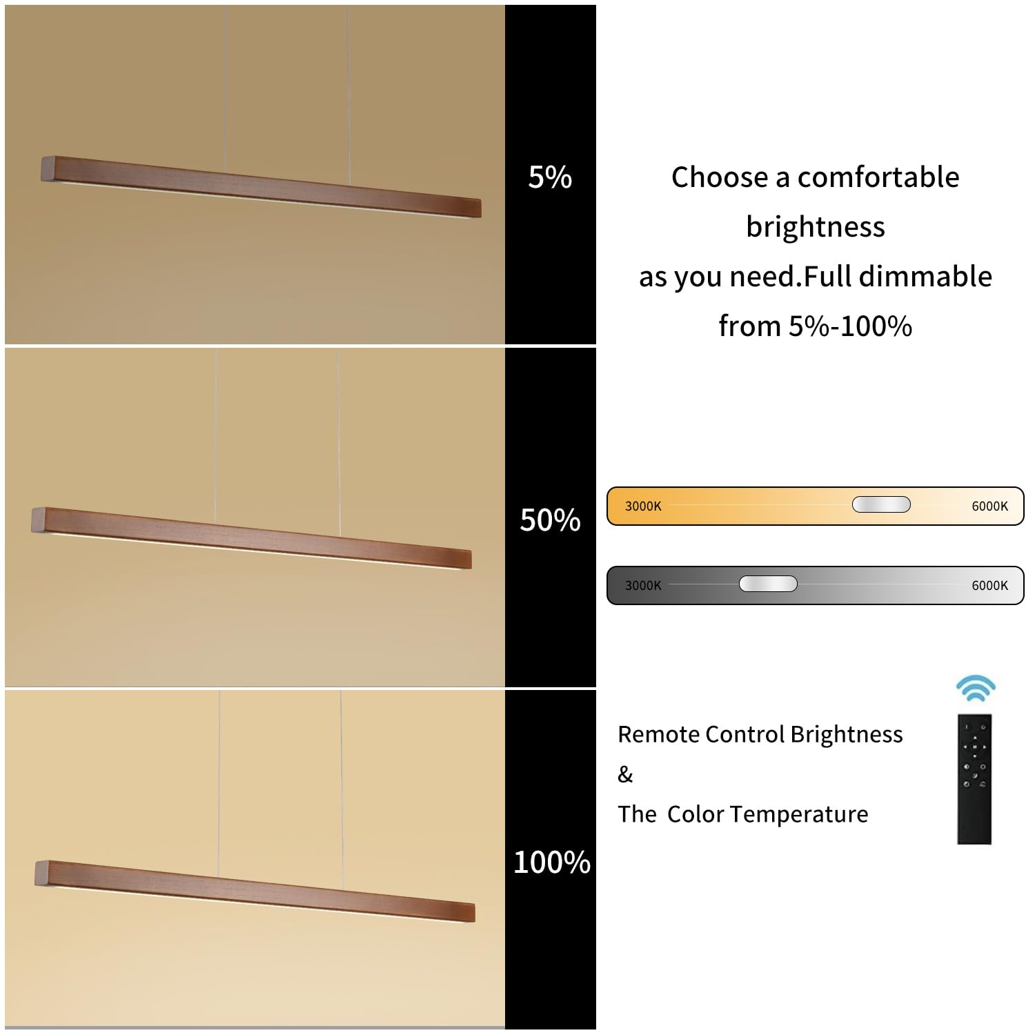 Yisdesign 59 Wood Linear Pendant Light Fixtures Modern Led 40W Dimmable Pendant Lighting Kitchen Island Lighting Ceiling Hanging Farmhouse Chandeliers For Dining Room Pool Table Walnut Color