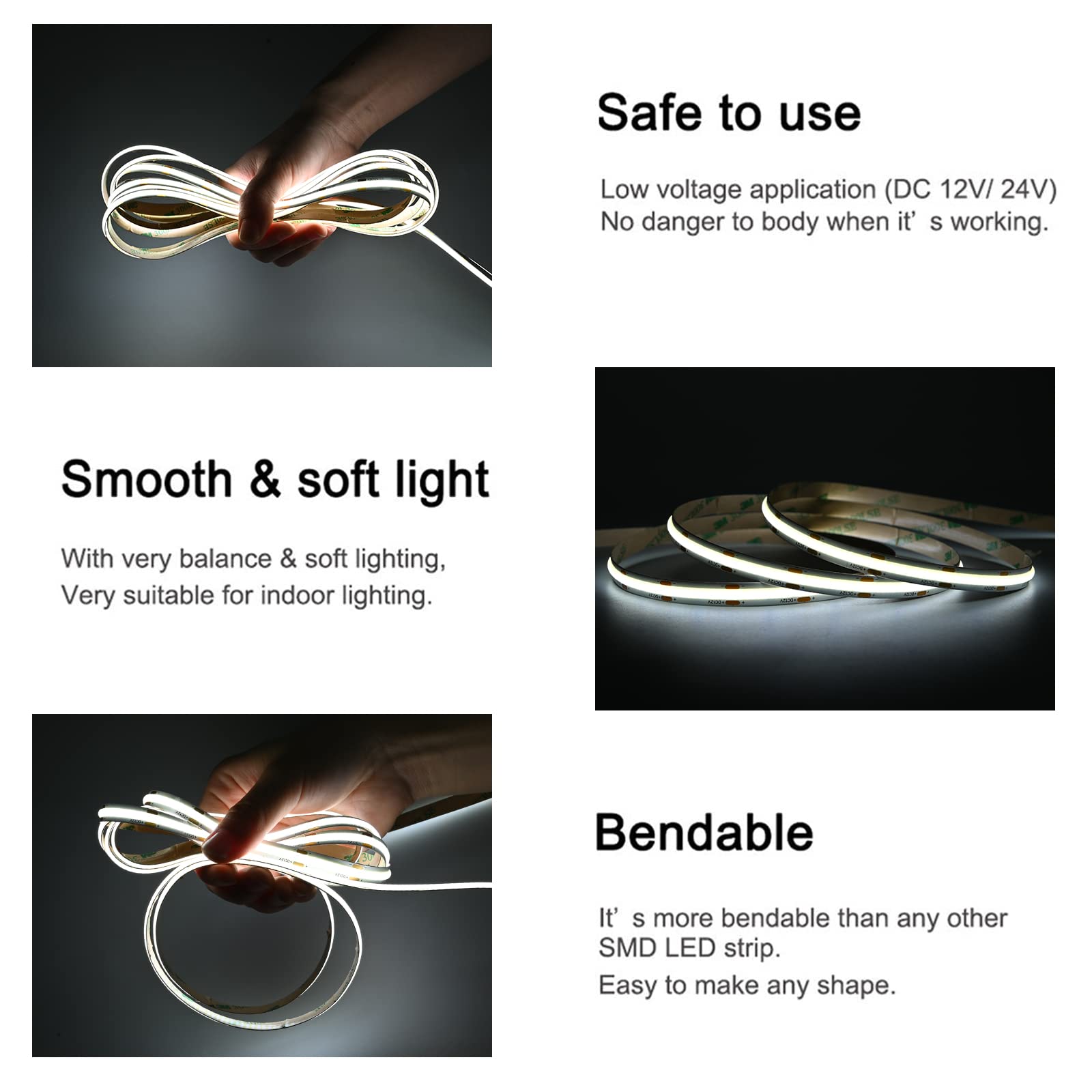 Tunichx Cob Led Strip Light Dc 12V Led Strip Light Flexible Super Bright Led Strips,16.4Ft 6500K White,Cri 90+,2400Leds High Den