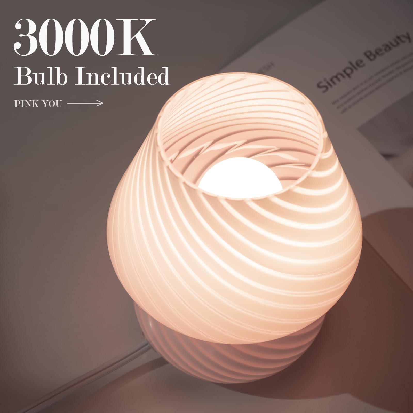 Onewish Mushroom Lamp-Small Bedside Table Lamp With Striped Glass, Nightstand Lamp For Bedroom, Living Room, Cafe, Bulb Included