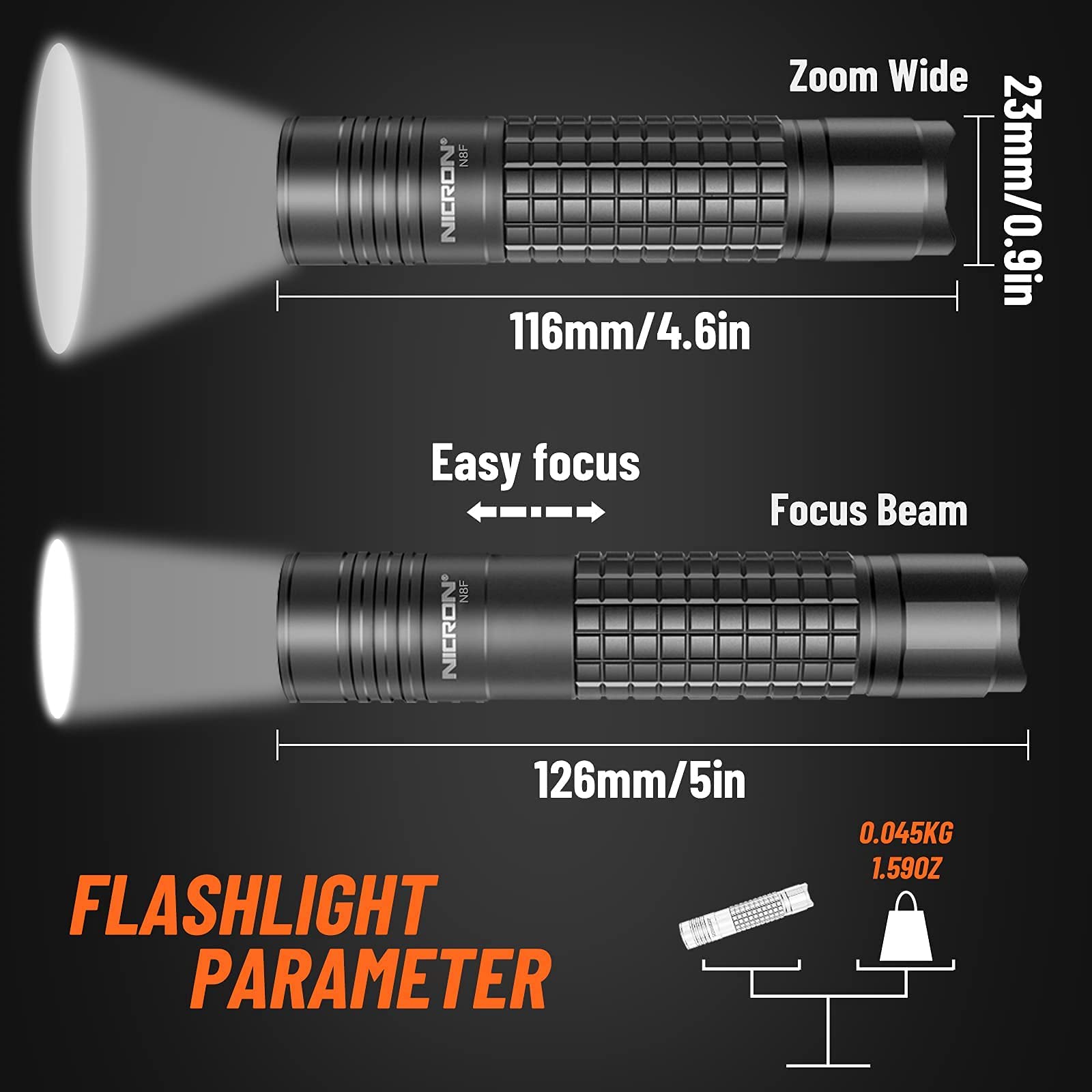 NICRON N8F Flashlight, 800 Lumen, 5 Modes, Zoomable, Rechargeable, IP65 Waterproof, Gray