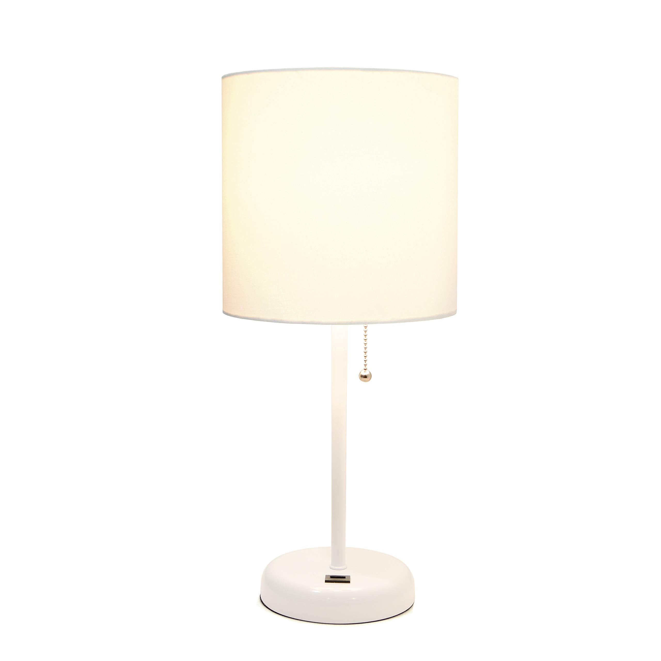 Simple Designs Lt2044-Wow White Stick Table Desk Lamp With Usb Charging Port And Drum Fabric Shade, White Shade