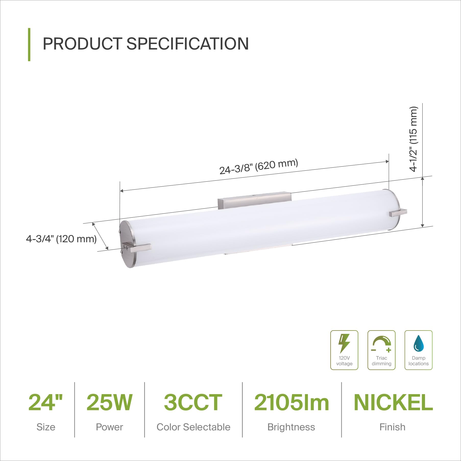 Asd Led 24 Vanity Wall Mount Light Fixture  Linear Bathroom Lighting Bar | 3Cct  Dimmable  Energy Star  Etl Listed | 25W 1950Lm 3000-5000K 120V | Long Tube Bath Sconce Over Mirror | Nickel