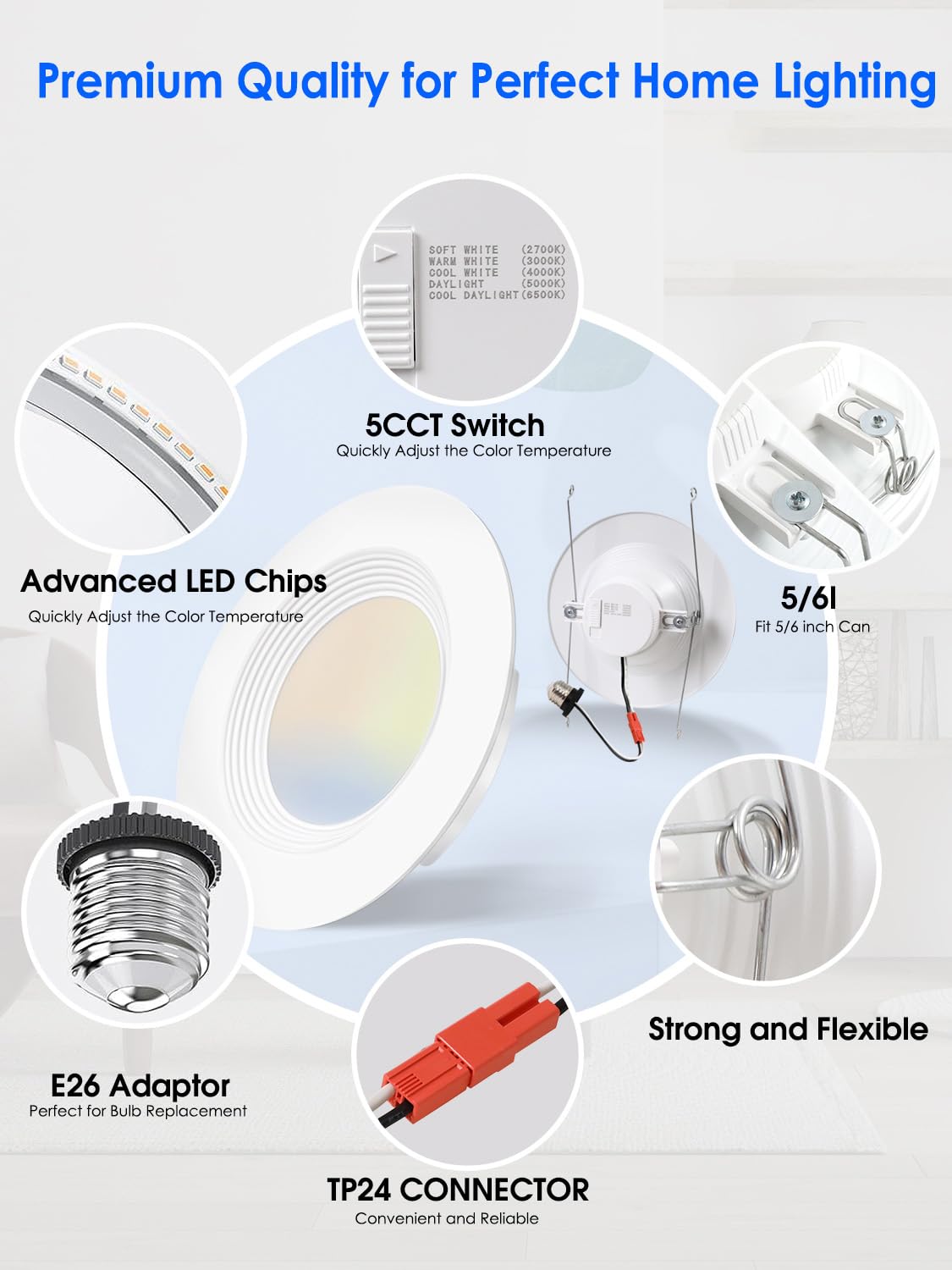 2 Pack 5/6 Inch 5Cct Led Recessed Light Retrofit, 2700K/3000K/4000K/5000K/6500K Selectable Downlight, Dimmable Can Lights With Metal Baffle Trim, Cri 90, 10.5W=85W, E26 Base, Ic & Wet Rated, Etl&Fcc