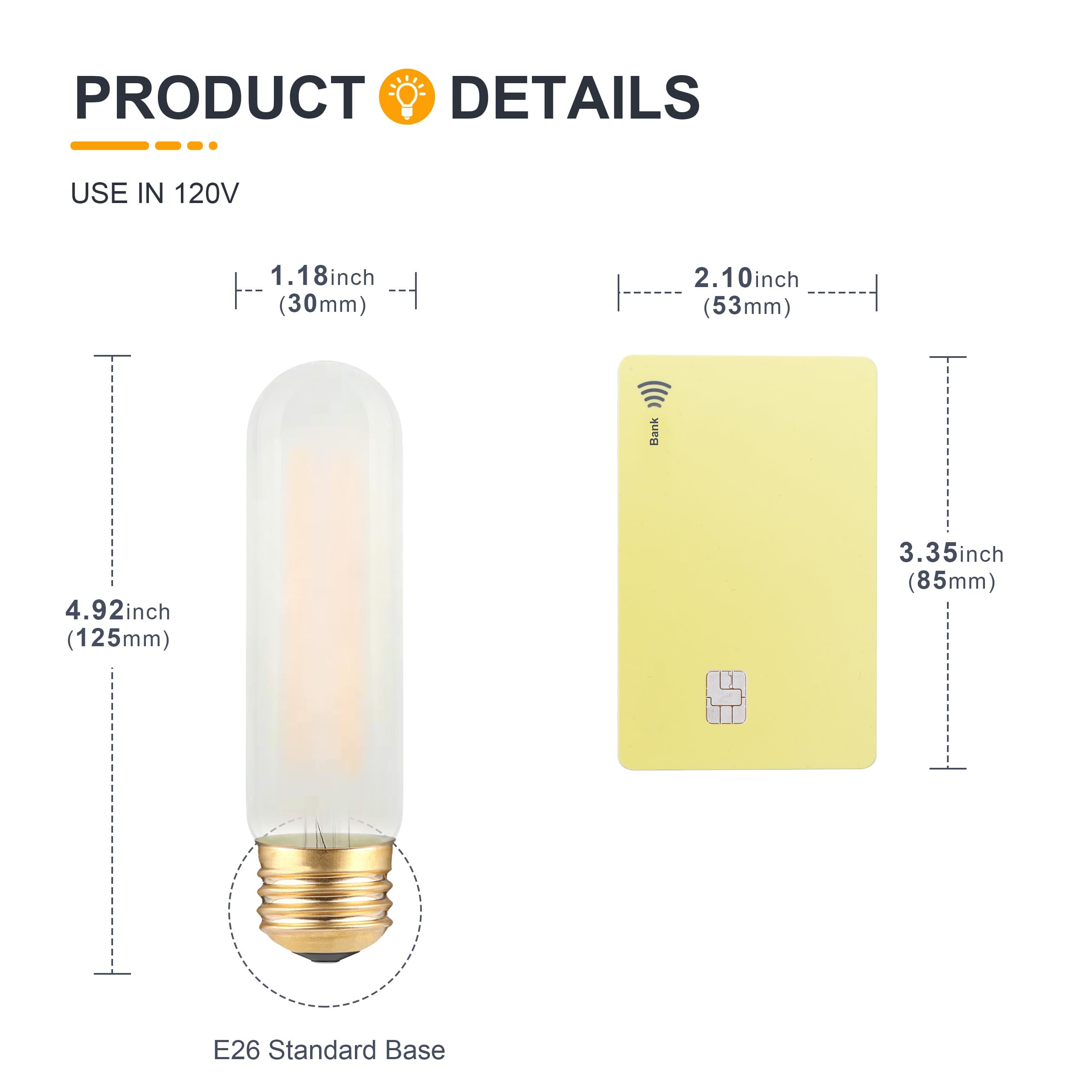TOKCON T10 LED Bulbs - Dimmable Frosted E26, 4W, 2700K Soft Warm, 3 Pack, Glass, Vintage Tubular for Chandelier & Bathroom