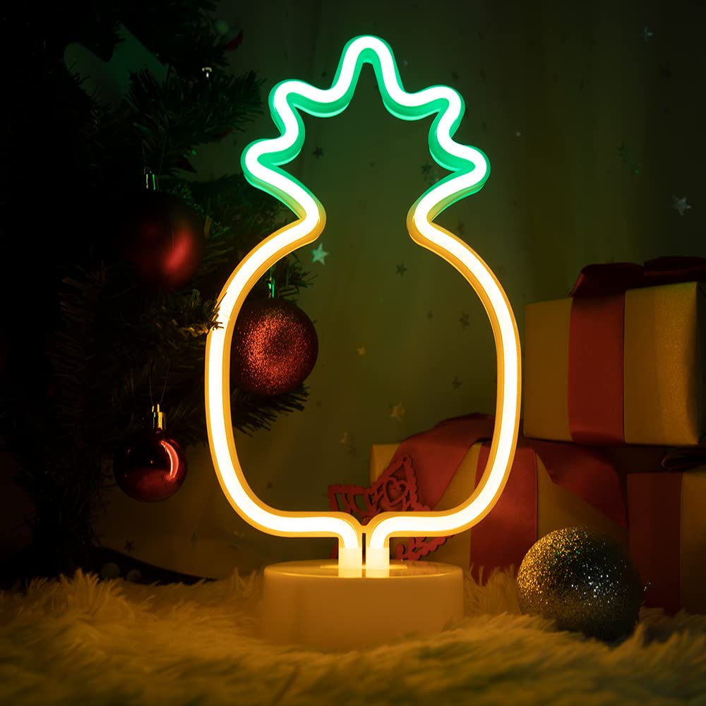 Enuoli Pineapple Neon Signs Warm White Led Neon Light Sign With Holder Base Indoor Decor Battery Operated Lights For Home Party